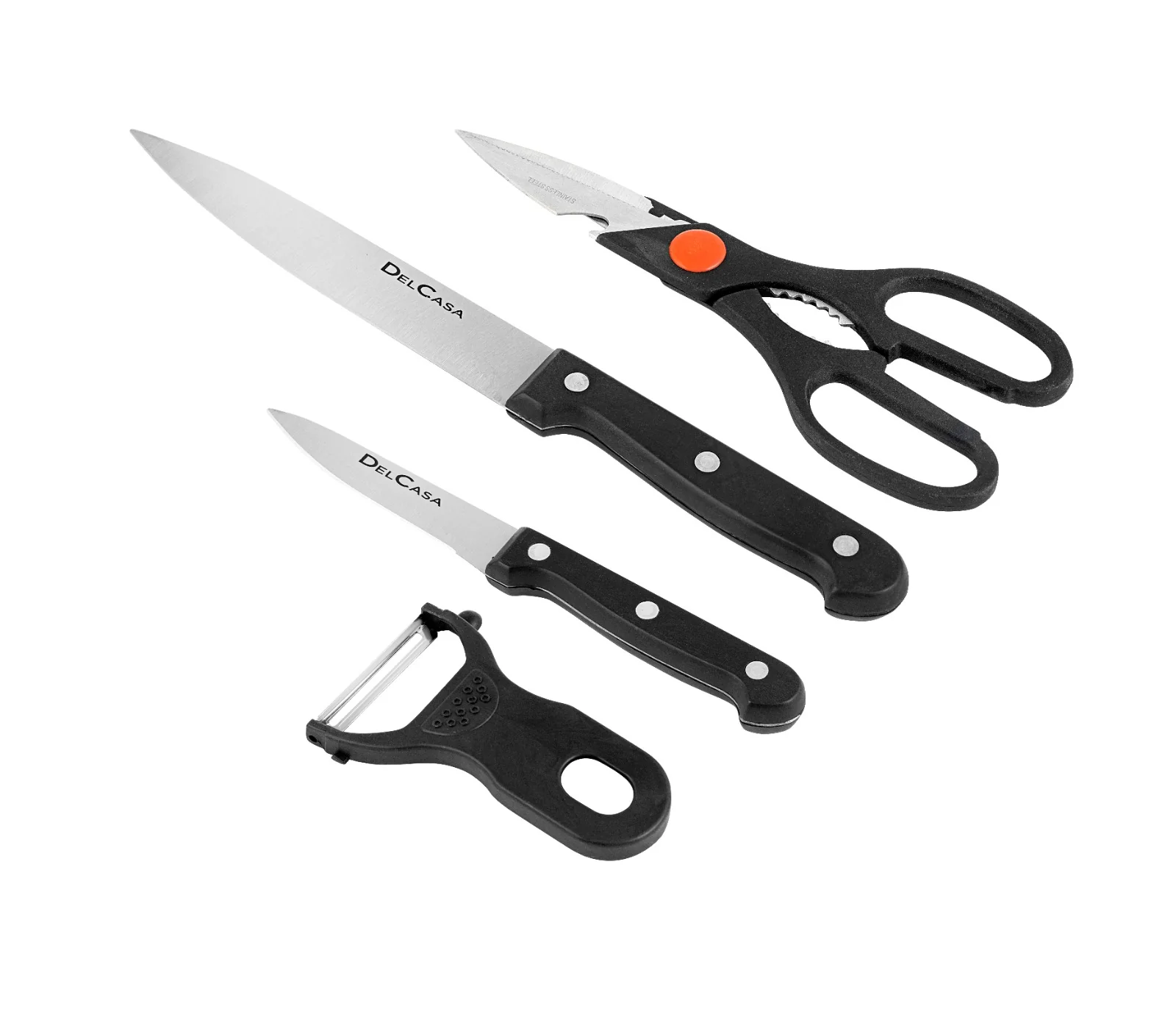 Delcasa DC1013 5PCS Kitchen Tools Set| Wooden Cutting Board includes knife, utility knife, peeler & scissors| strong grip handles for daily cutting & food prep|