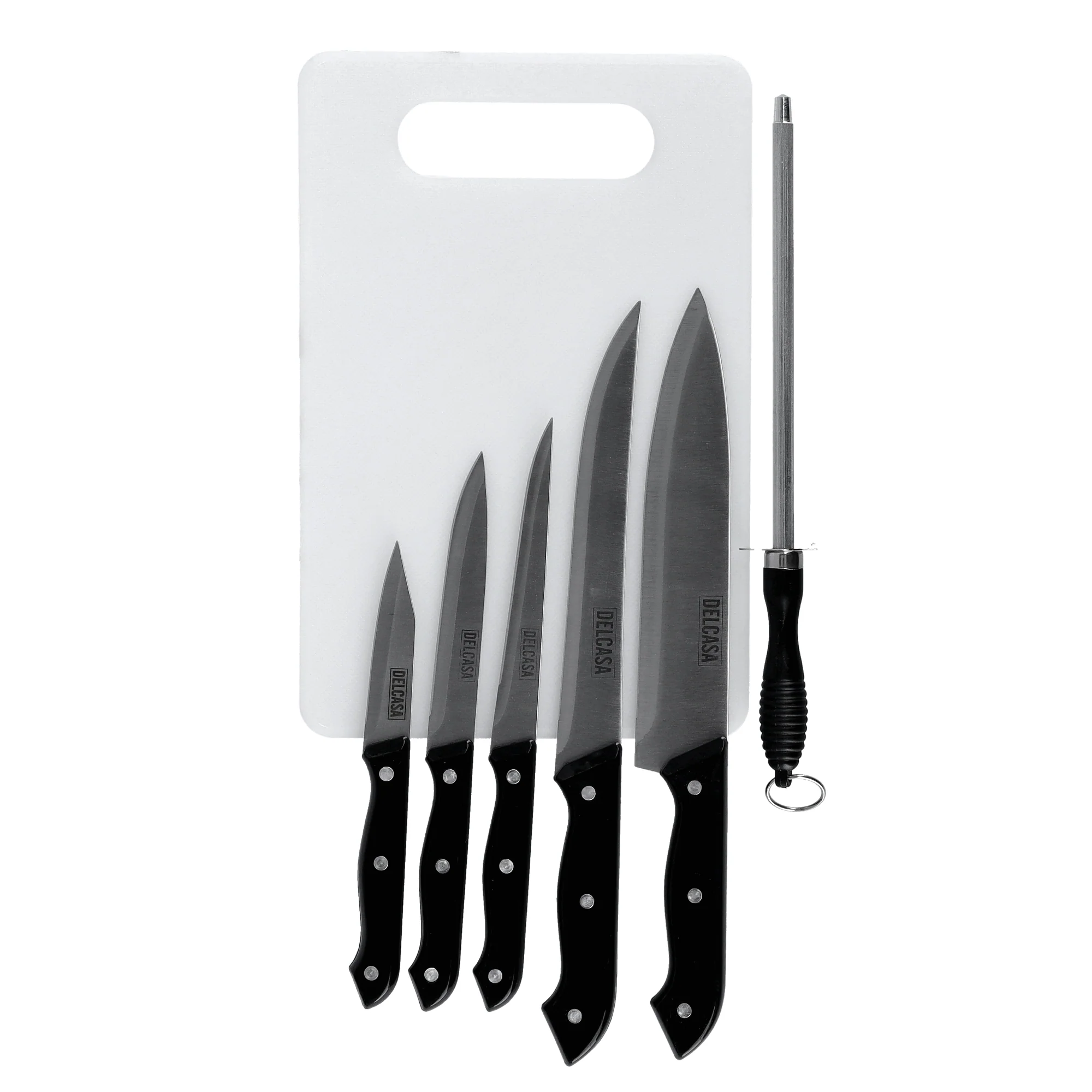 Delcasa DC1052 7PCS Basic Kitchen Tool Set| includes stainless steel knives, chopping board & sharpener rod| plastic handles, ergonomic design & dishwasher-safe|