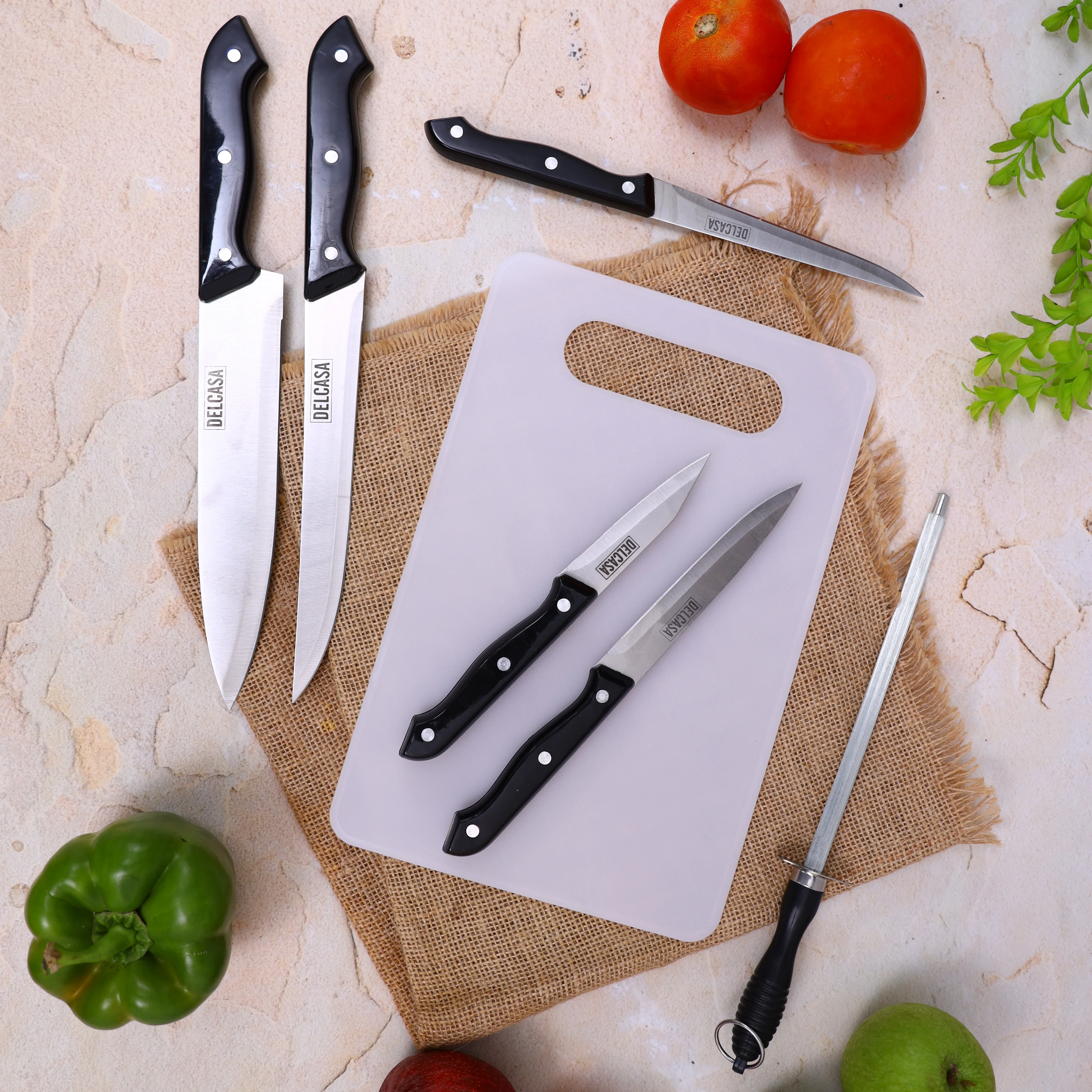 Delcasa DC1052 7PCS Basic Kitchen Tool Set| includes stainless steel knives, chopping board & sharpener rod| plastic handles, ergonomic design & dishwasher-safe| - Image 4