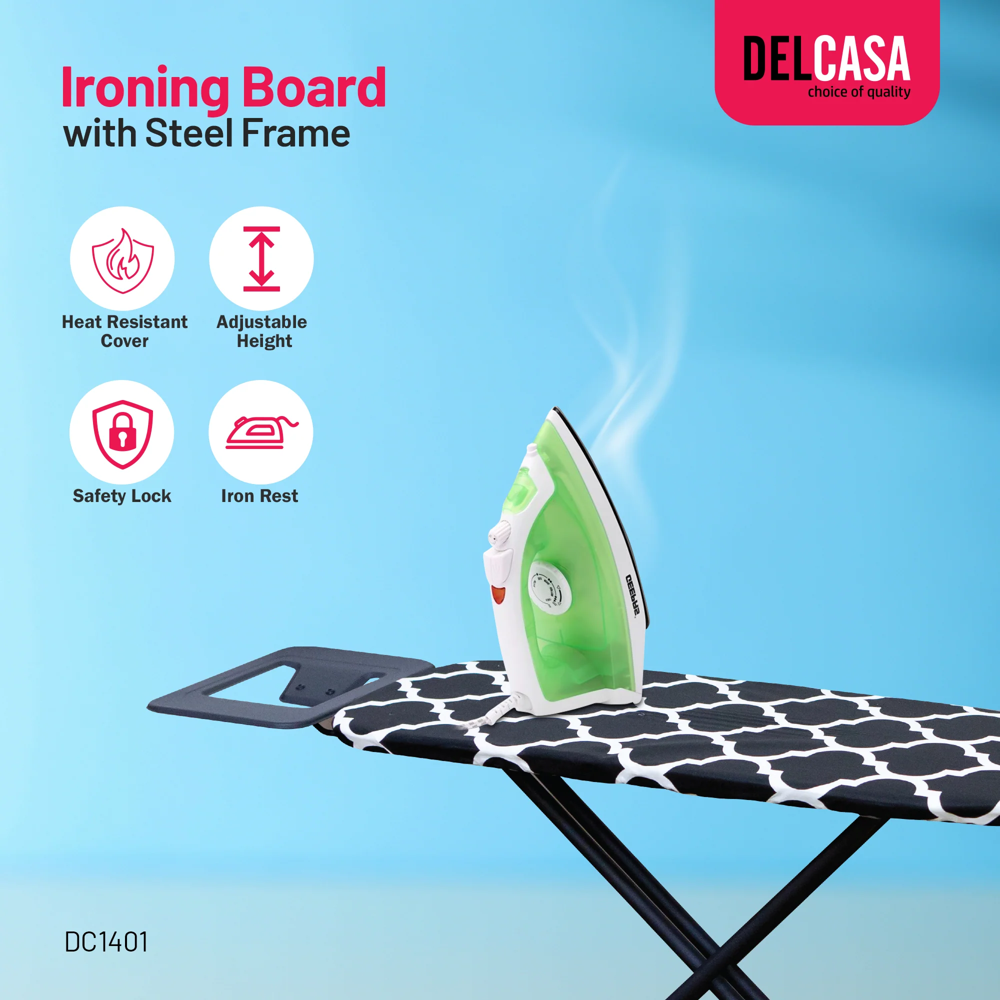 Delcasa DC1401 Ironing Board 34x97CM | Adjustable, Foldable and Heavy-Duty Steel Frame with Iron Rest| Stable Legs, Heat Resistant Cover for Everyday Home Uses| - Image 3