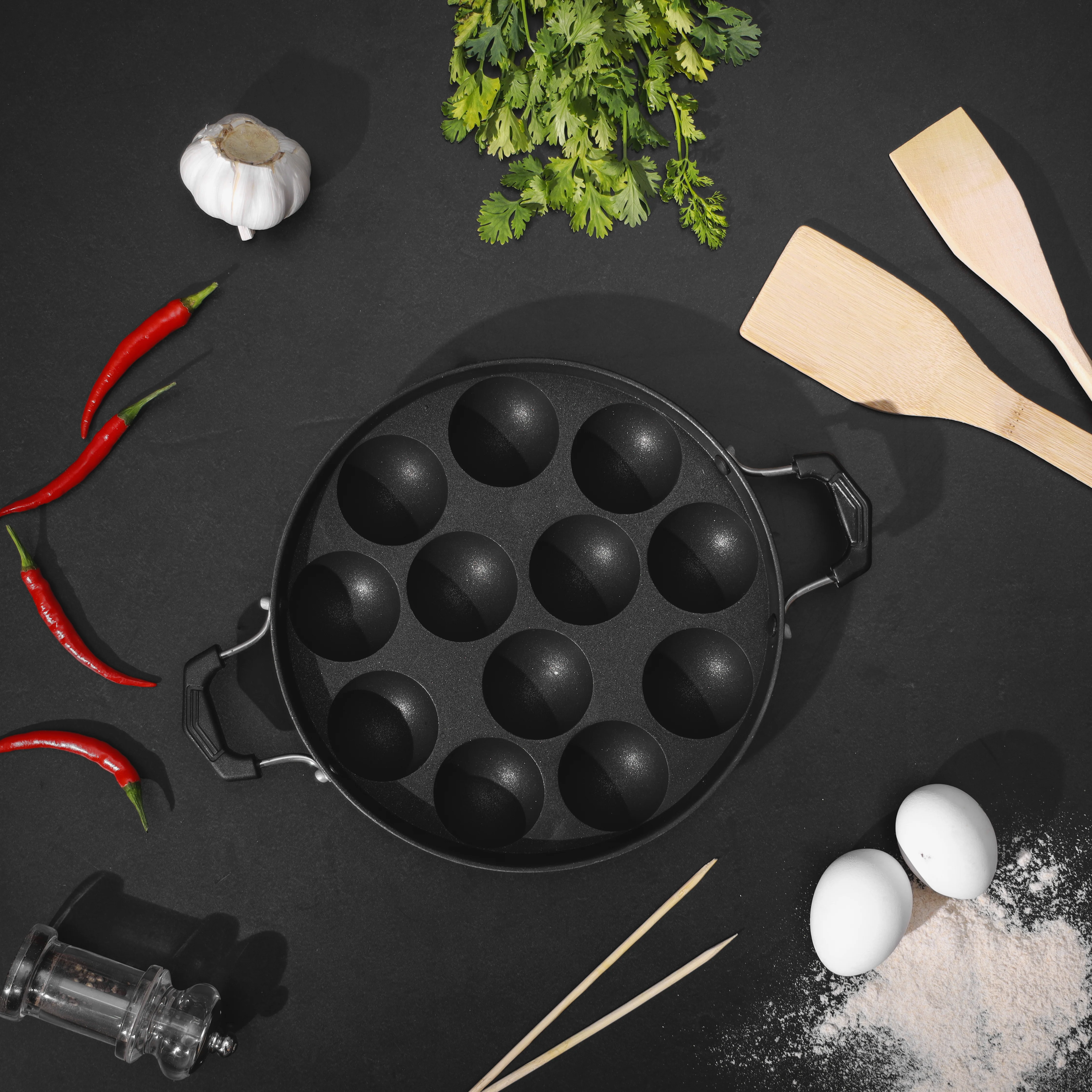 Delcasa DC1909 Aluminium Non-Stick Appa Pathram| 12 pits for making paniyaram easily| Premium aluminium build supports oil-free, easy release & dishwasher-safe| - Image 2