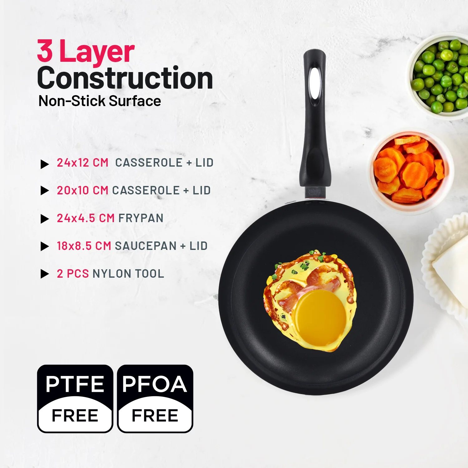 Delcasa DC1995 9PCS Non-Stick Cookware Set| glass lids, frypan, durable construction| even heat distribution, easy cleaning, and is ideal for daily cooking use| - Image 4