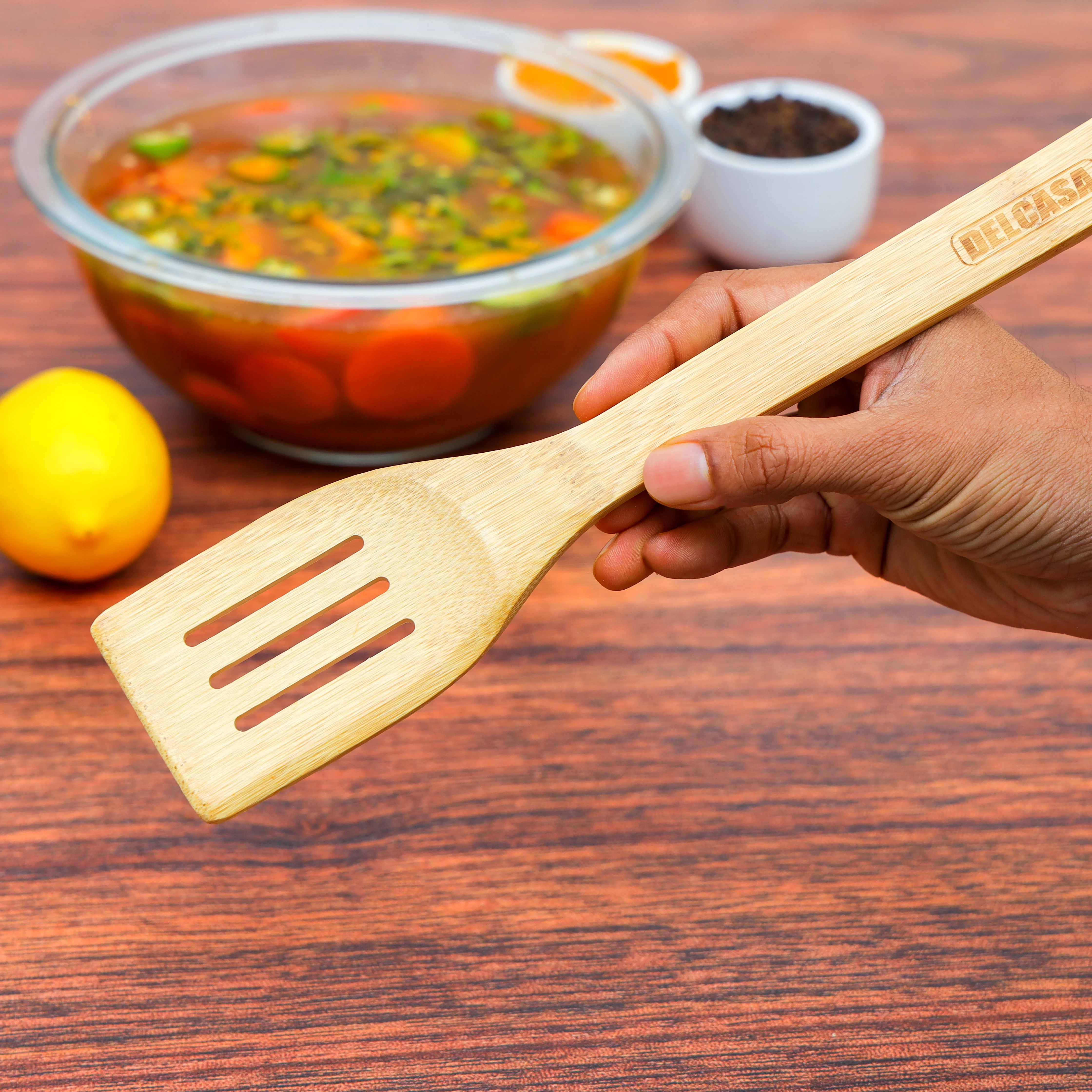 Delcasa DC2097 Bamboo Slotted Turner| Natural Bamboo Kitchen Turner with Heat-Resistant Scratch-Free Design| for Safe Everyday Cooking & Non-Stick Cookware Use| - Image 3