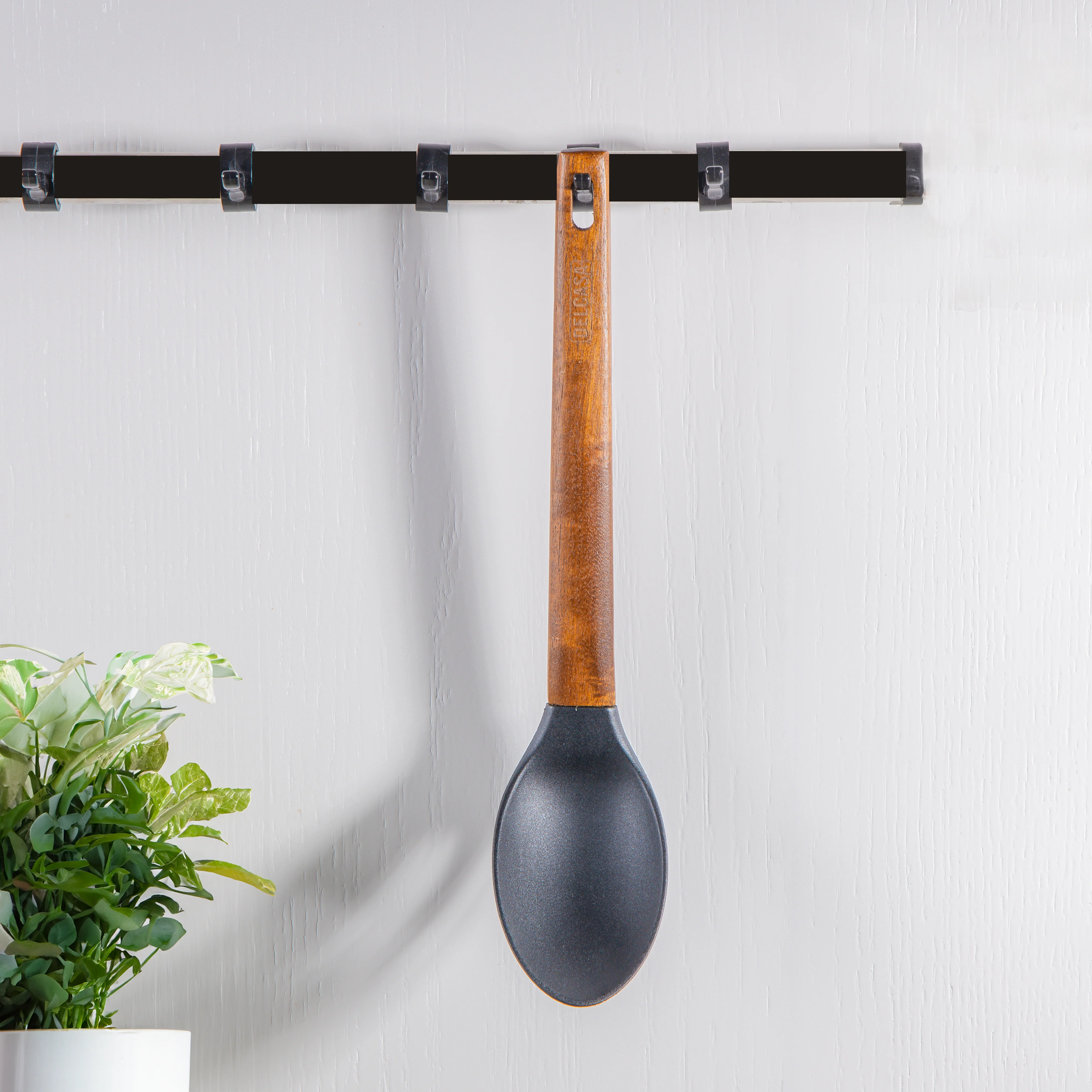 Delcasa DC3155 Nylon Solid Spoon with Wooden Handle| lightweight nylon kitchen spoon with durable wooden handle| odor resistant and easy to clean for daily use| - Image 2