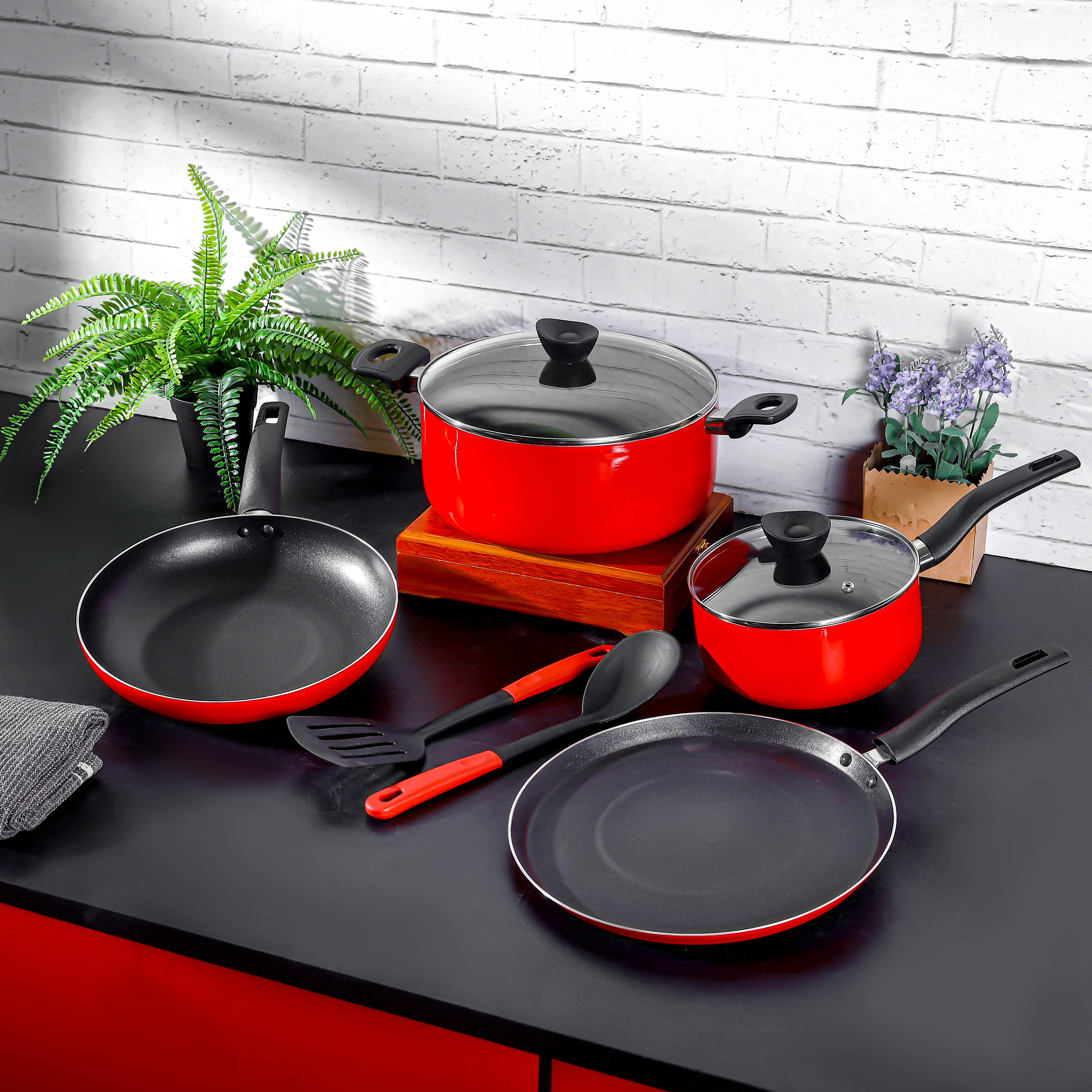 Delcasa DC3290 8 Pcs Non-Stick Cookware Set | strong aluminium body with durable 3-layer coating| Includes casserole, saucepan, frypan, dosa tawa & nylon tools| - Image 2