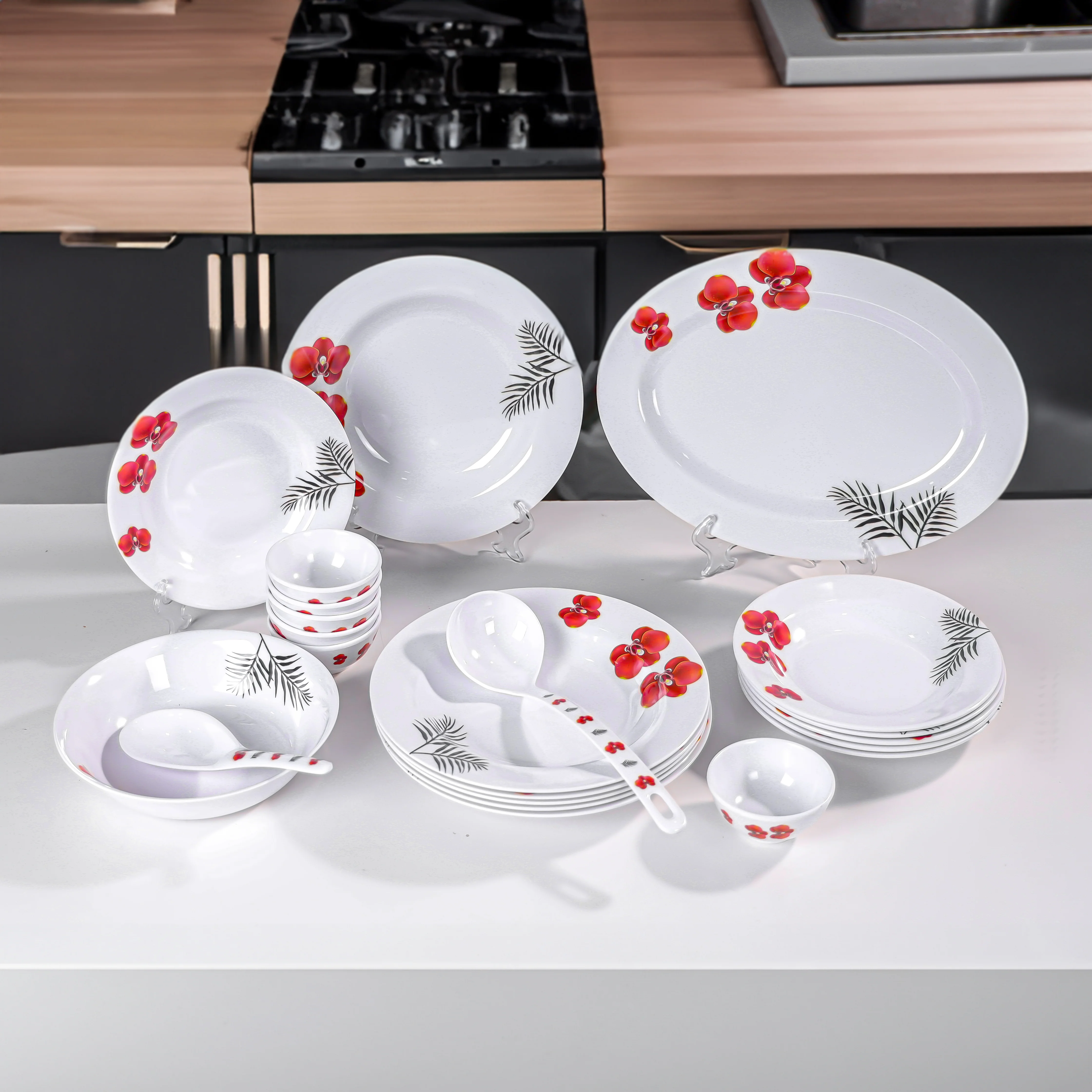 Delcasa DC3393 Melamineware Dinner Set 22pcs| soup plates, bowls, 14" oval plate, soup ladle & rice spoon| Lightweight, top rack dishwasher safe & freezer safe| - Image 2