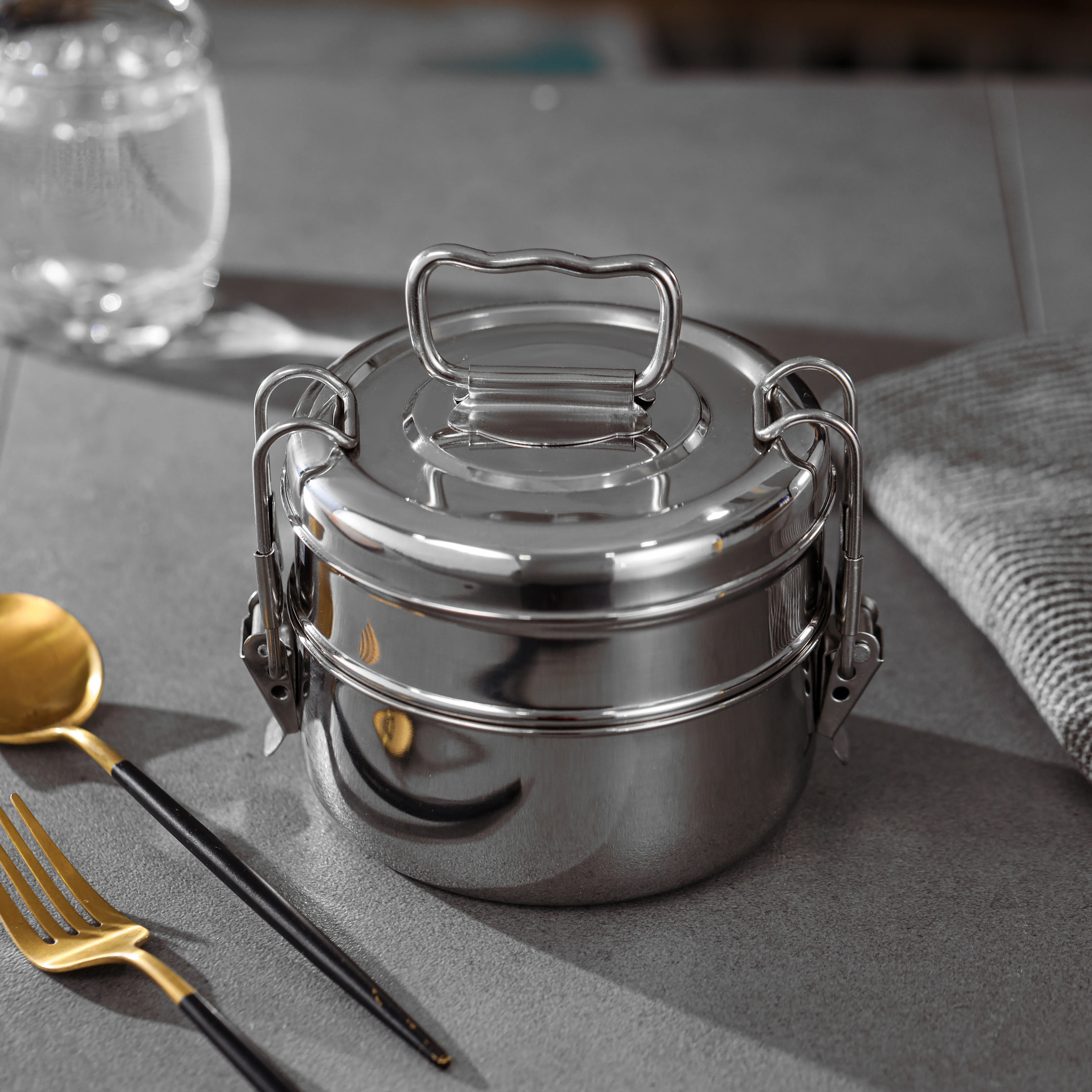 Delcasa DC3518 2 Tier Stainless Steel Food Container| Durable Lunch & Food Storage Container with Secure Locking Clip| Lightweight Anti Rust Design for Daily Use| - Image 4