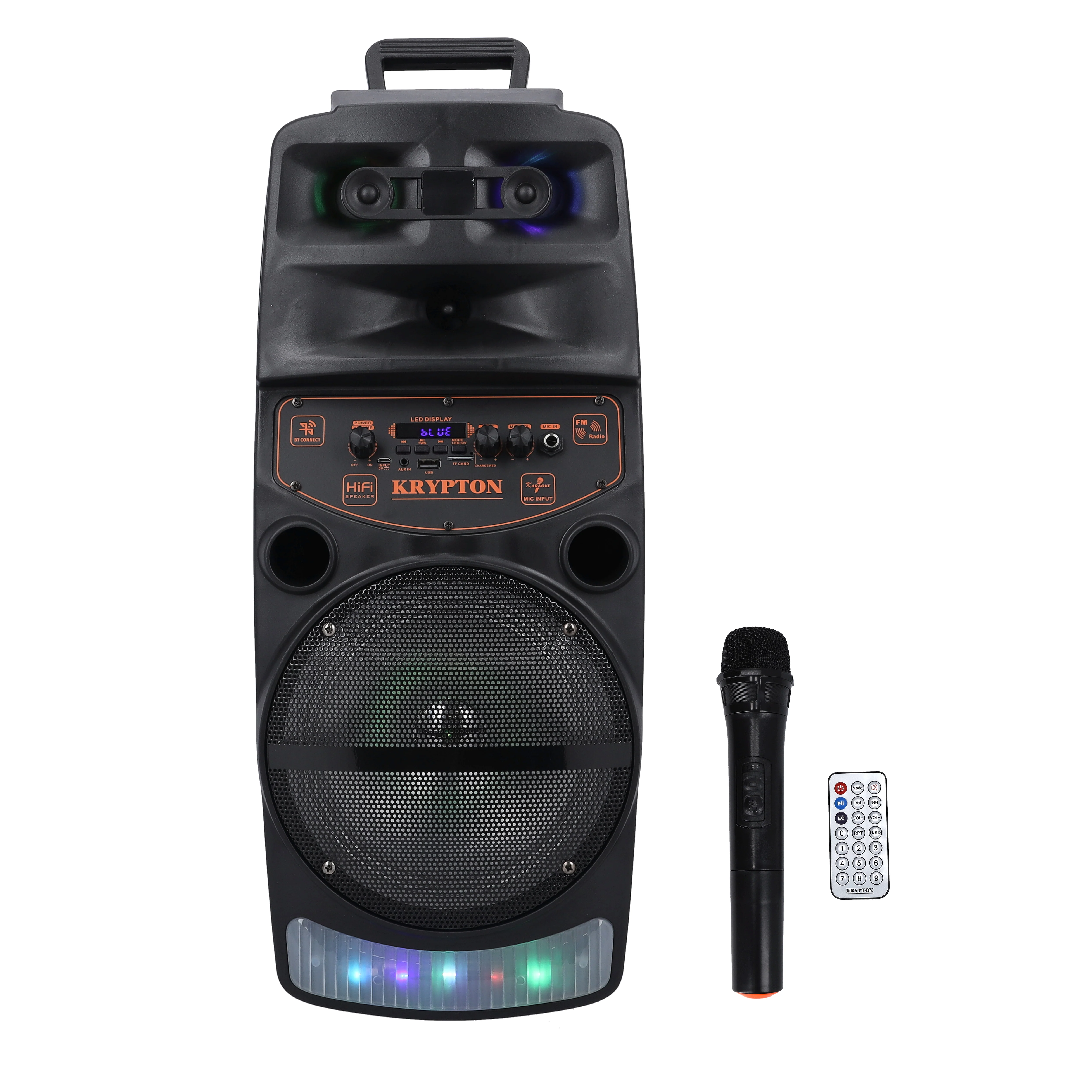 Krypton KNMS5192 Portable Bluetooth Speaker with Wireless Mic | RGB Lights, TWS Pairing, 8-Inch Woofer, Rechargeable Party Speaker with FM Radio, USB & Remote Control