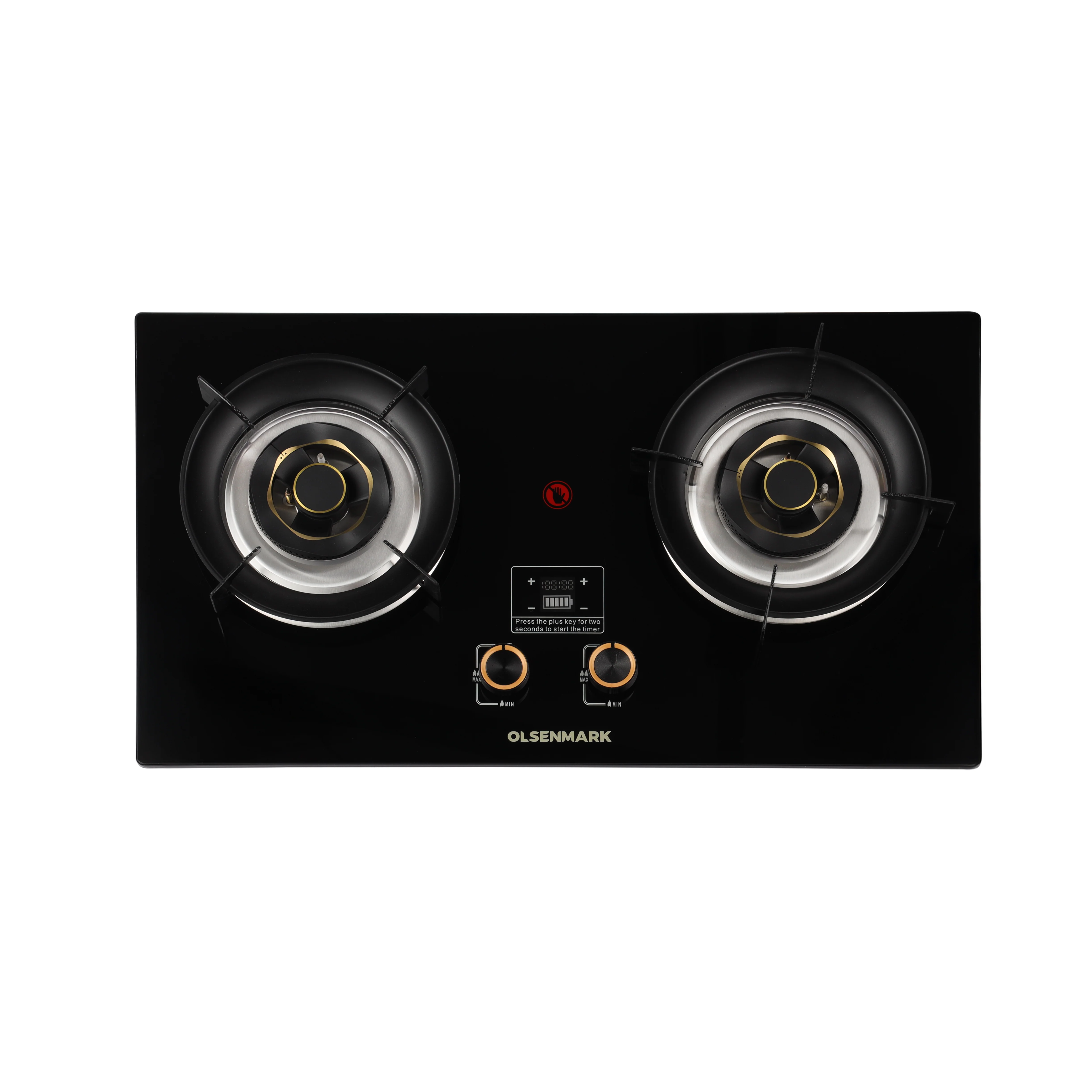 Olsenmark OMCH7077 2 Burner Gas Hob| digital display, 6mm tempered glass top| copper burners, auto ignition, low gas consumption & 12kW heat input. Easy clean|