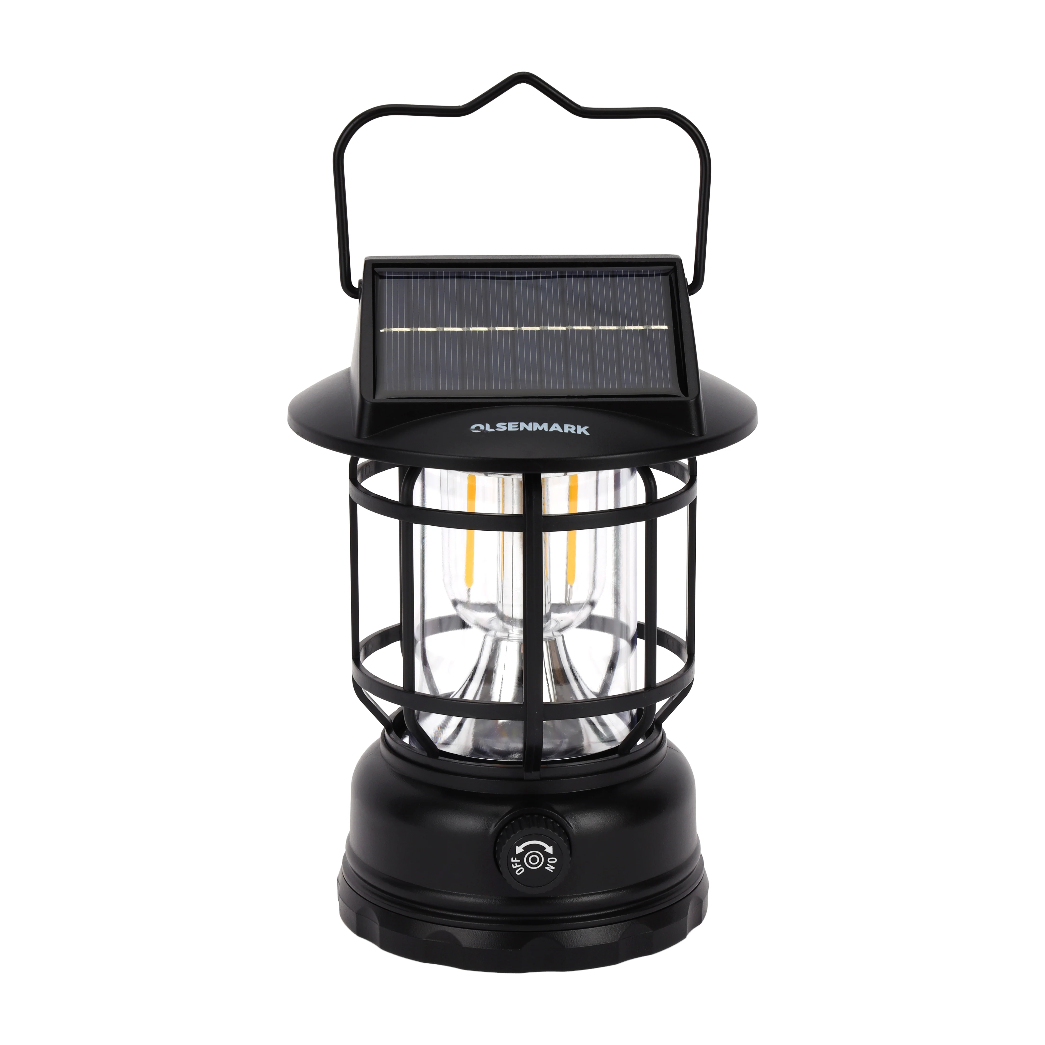Olsenmark OME2850 LED Tungsten Lantern with solar panel| USB charging features 2 tungsten bulbs & 4 LED lights| 1200mAh battery, up to 3 hours lighting for camping|