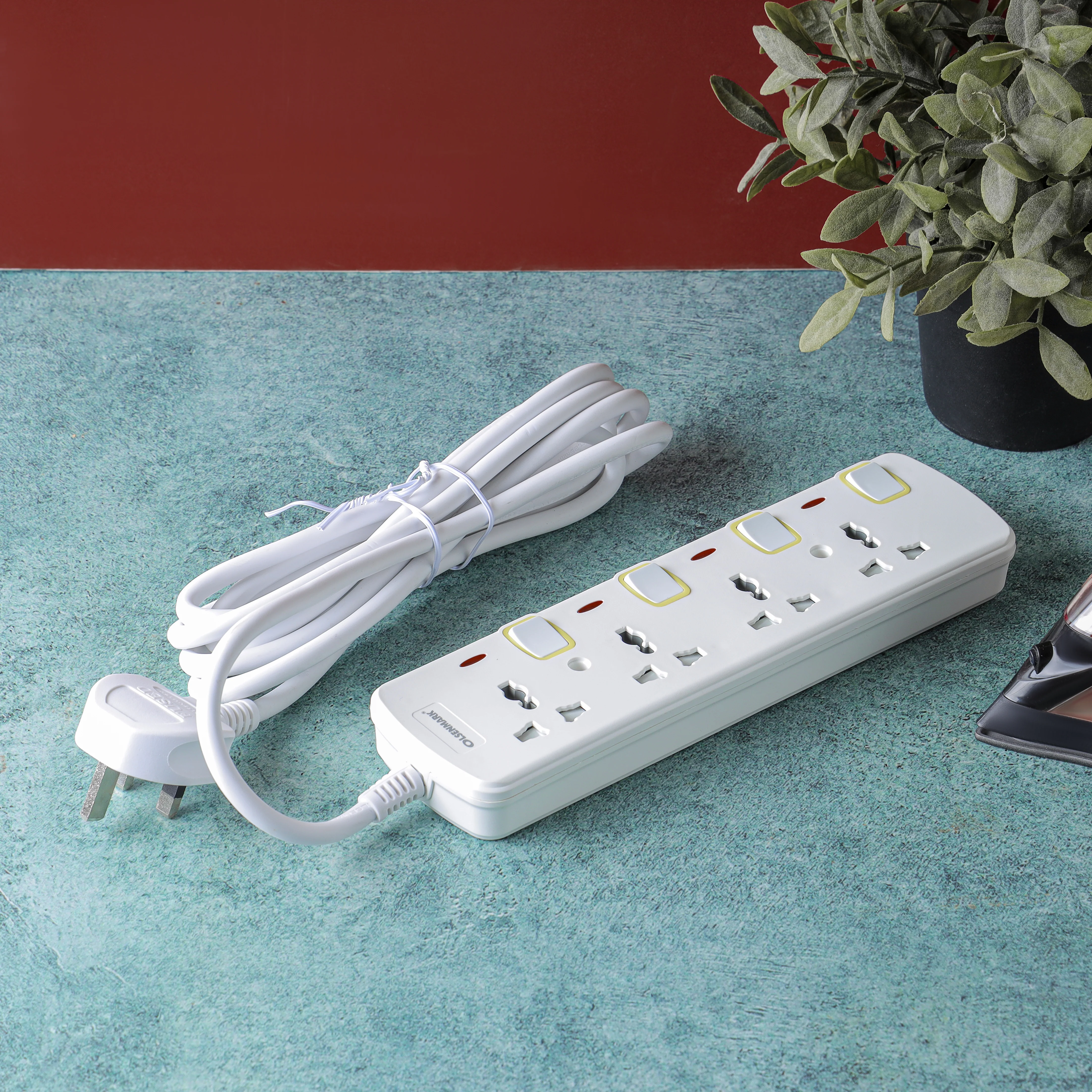 Olsenmark OMES1728 4 Way Power Socket Extension| 3M Cable Individual Switch & fireproof housing| child safety shutters, indicator lights & copper wiring design|