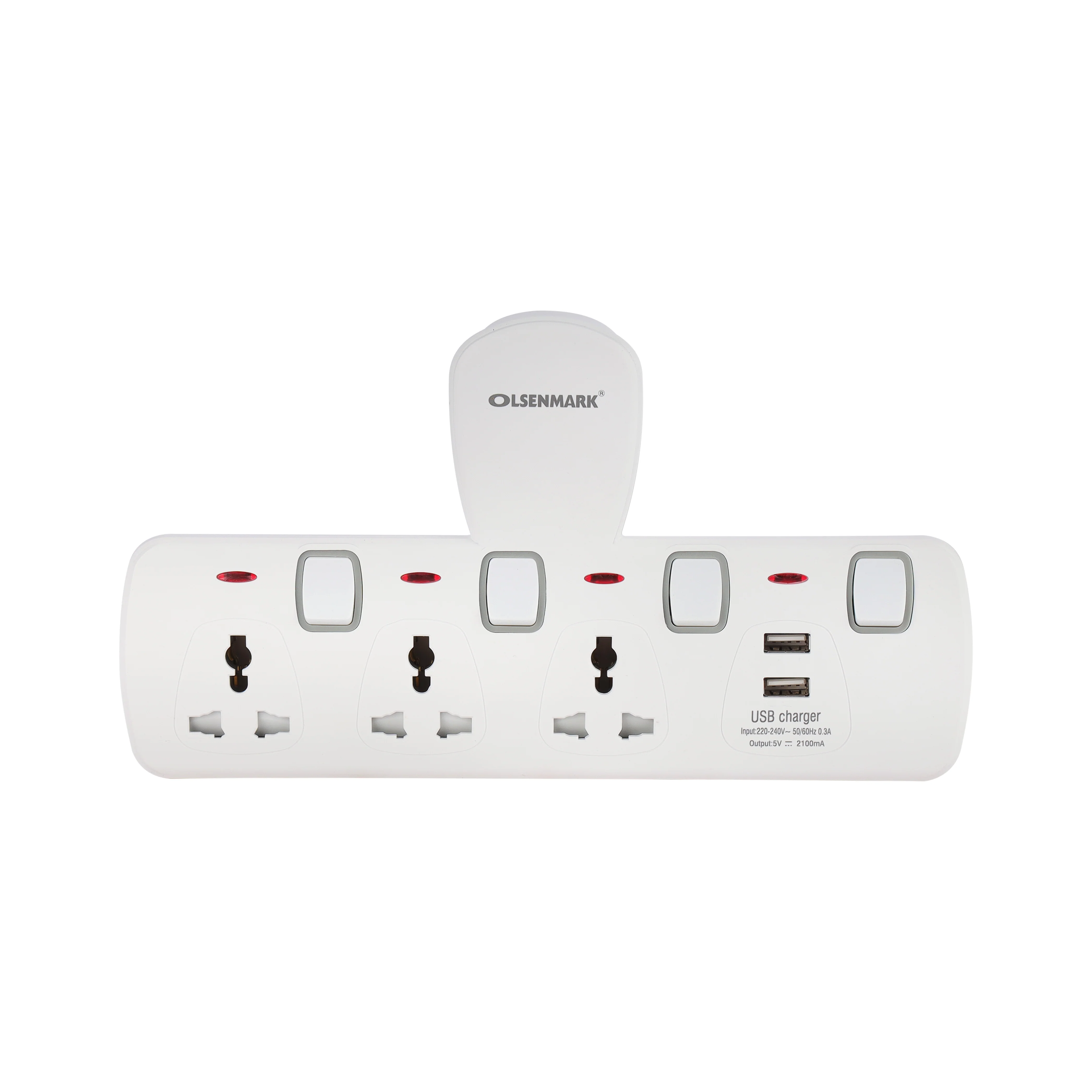 Olsenmark OMES1862 Universal Power Socket| 3 Way with USB Charger & dual USB ports| individual switches, fireproof housing, child safety & energy saving design|