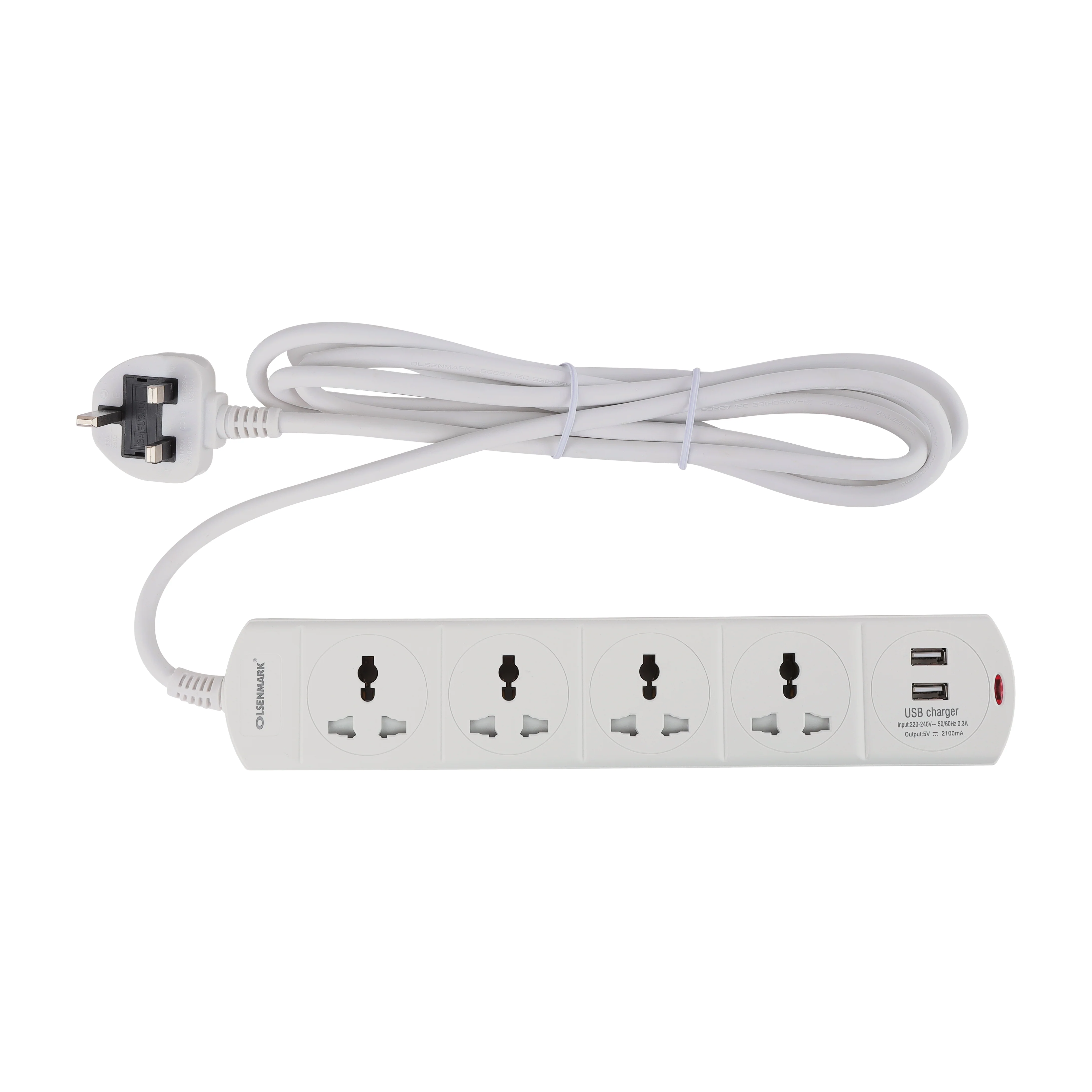 Olsenmark OMES1866 Power Socket| 4 Way with USB features 2 USB ports & 3M cable| fireproof housing, child safety shutters, reliable power for home & office use|
