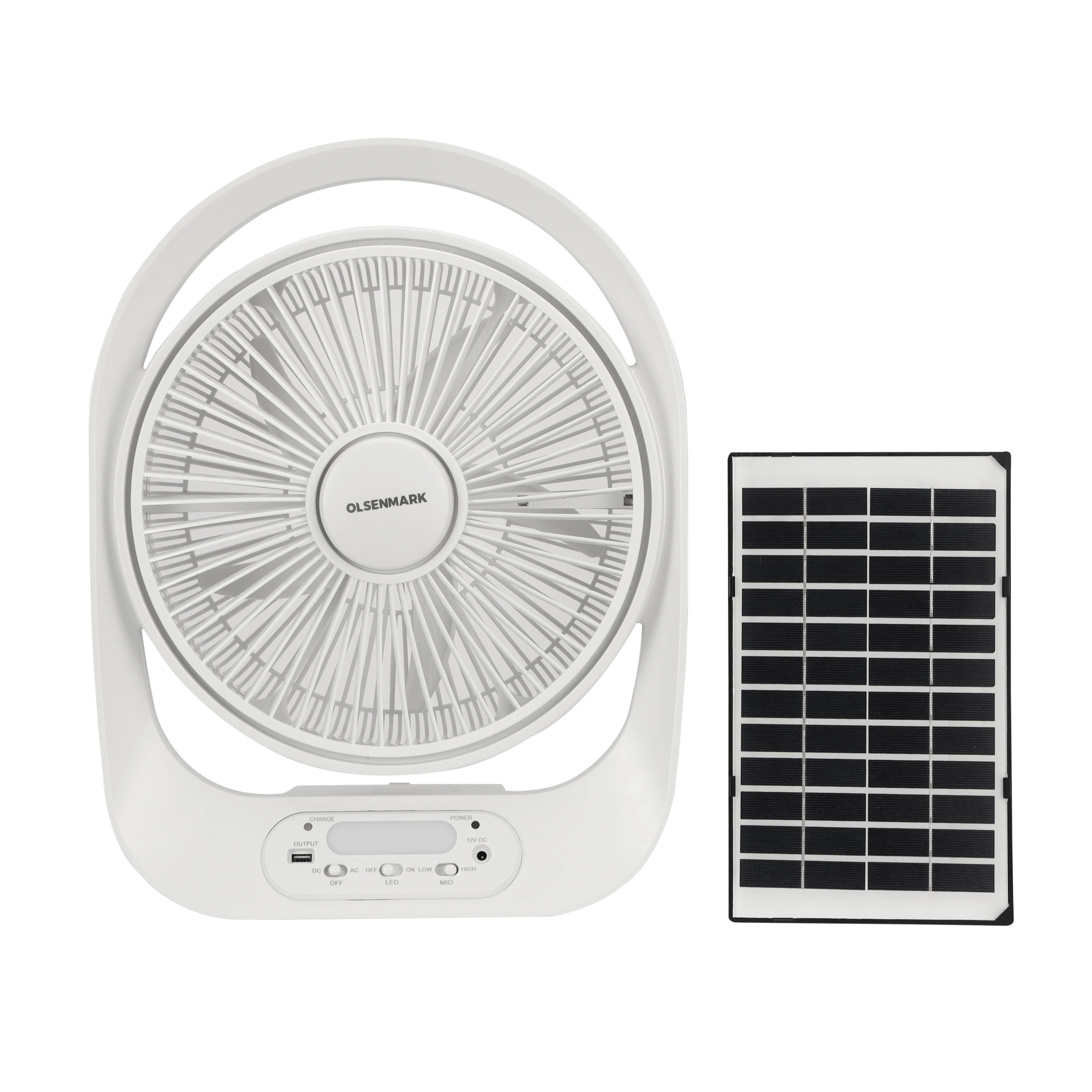 Olsenmark OMF1848 12 Inch Rechargeable Table Fan with Solar Panel| LED Night Light, Mobile Phone Charging & 5 Leaf Blade| Powerful Motor, AC/DC Operation for Outdoor use|