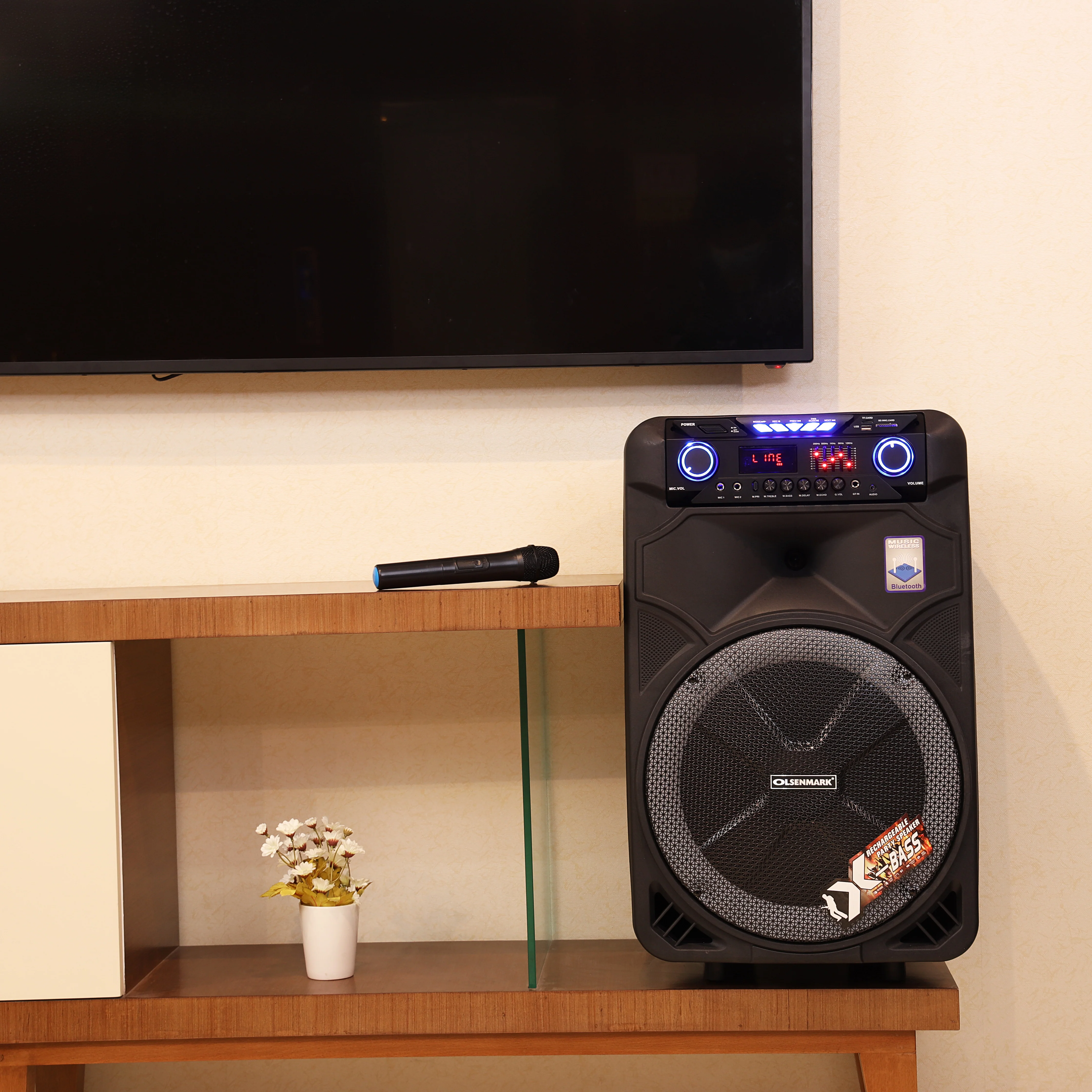 Olsenmark OMMS1180 Party Speaker| features a 15" woofer with 25000W PMPO output & vibrant LED lights| comes with a wireless microphone for ultimate party sound| - Image 3