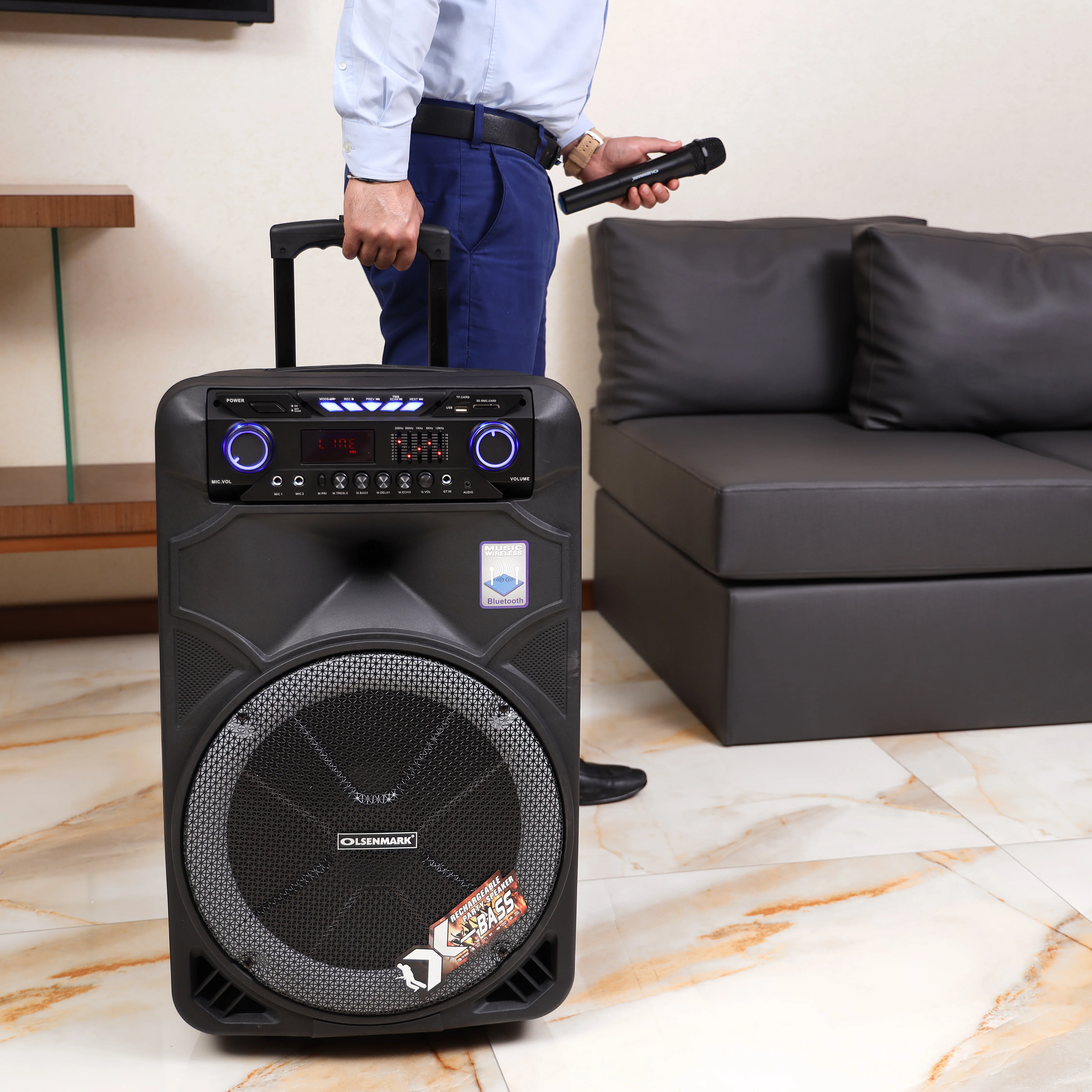 Olsenmark OMMS1180 Party Speaker| features a 15" woofer with 25000W PMPO output & vibrant LED lights| comes with a wireless microphone for ultimate party sound| - Image 4