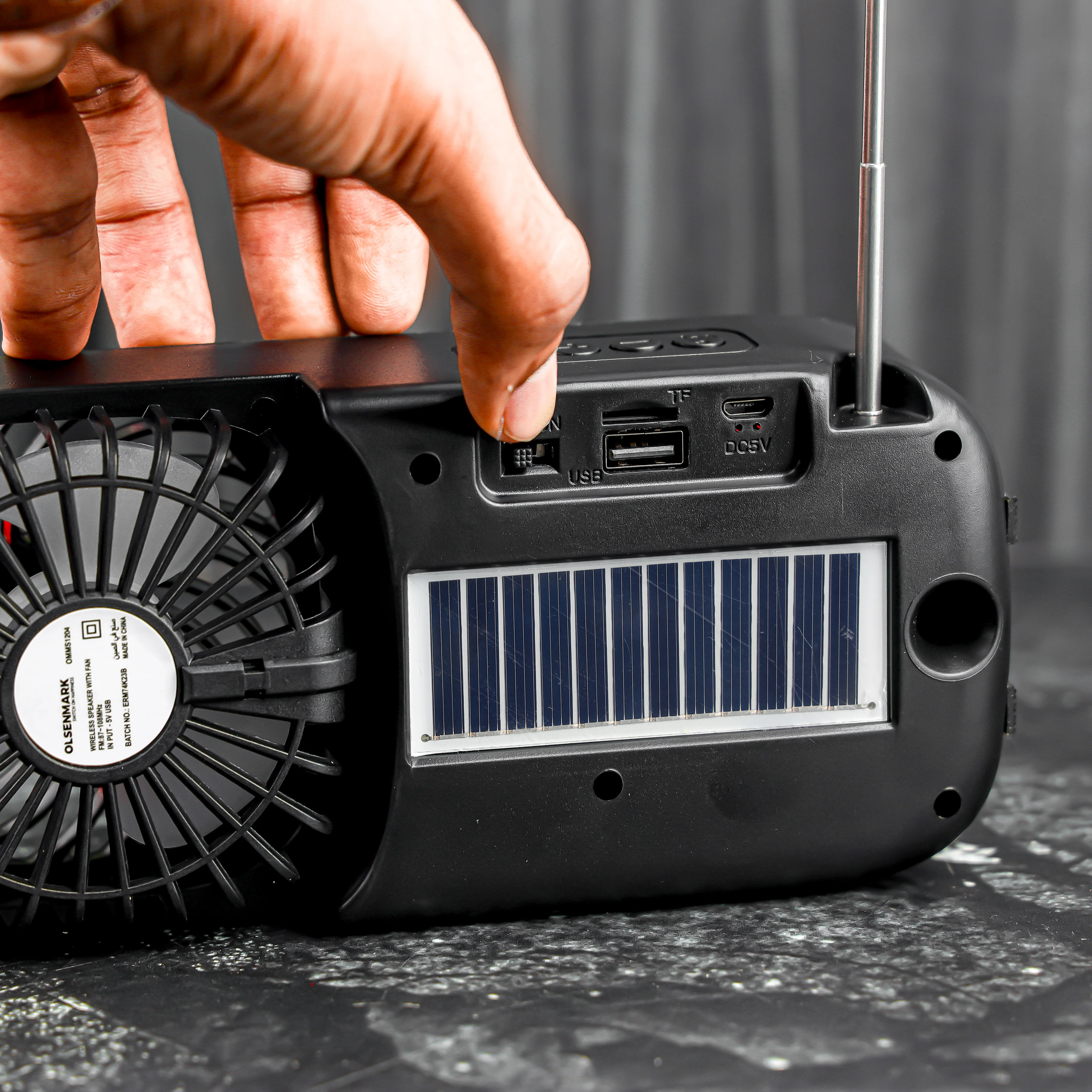 Olsenmark OMMS1204 Wireless Speaker| built-in fan with Bluetooth V5.3 and FM radio| USB & TF support, solar rechargeable battery, TWS function, and portable design| - Image 3