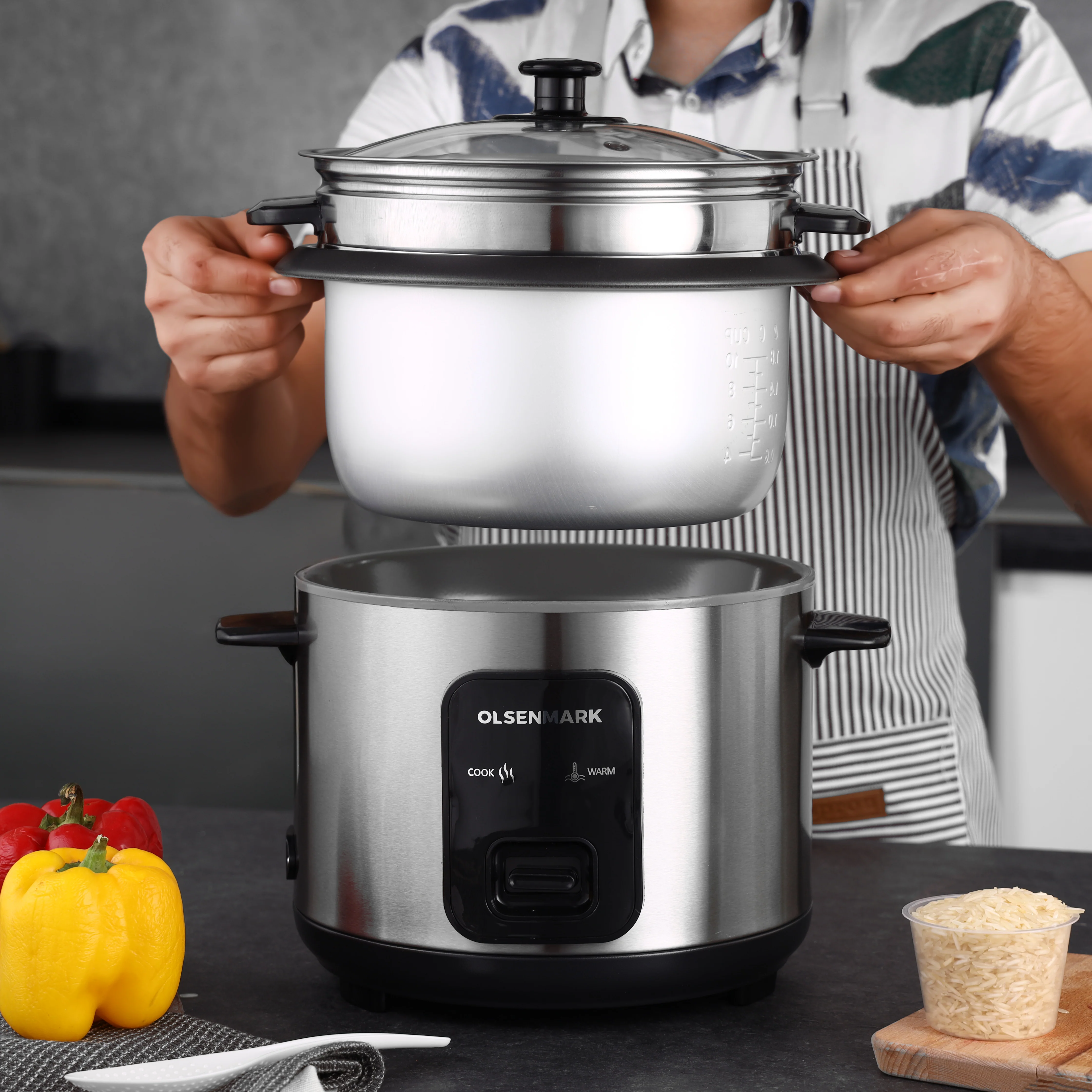 Olsenmark OMRC2122H 1.8L Rice Cooker| 700W power with non-stick inner pot and stainless-steel steam tray| glass lid and 3-in-1 cook, steam and keep warm functions| - Image 2