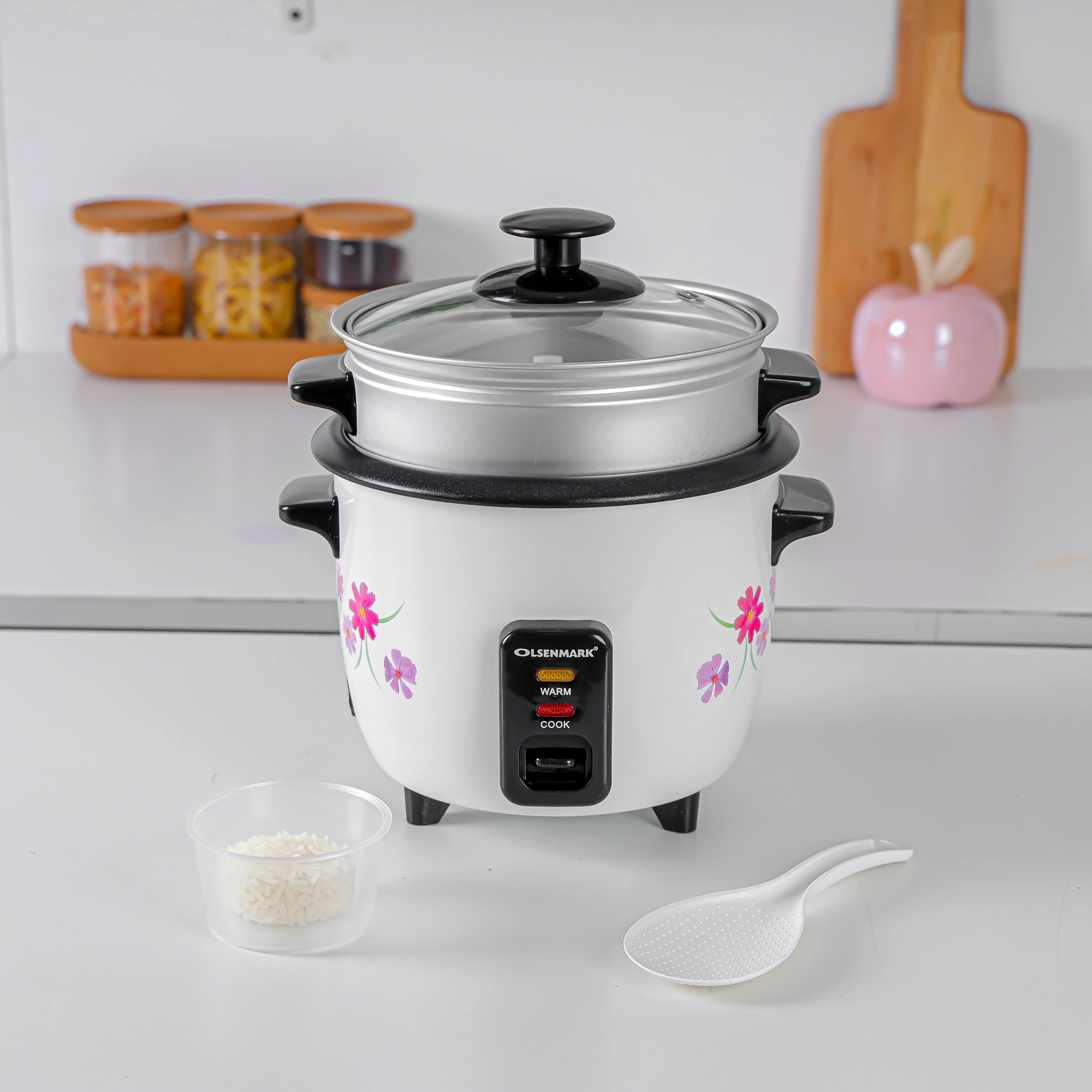 Olsenmark OMRC2350 0.6L Automatic Rice Cooker| 350W power with non-stick inner pot & tempered glass lid| 3-in-1 cook, steam & keep warm function and safety protection| - Image 4