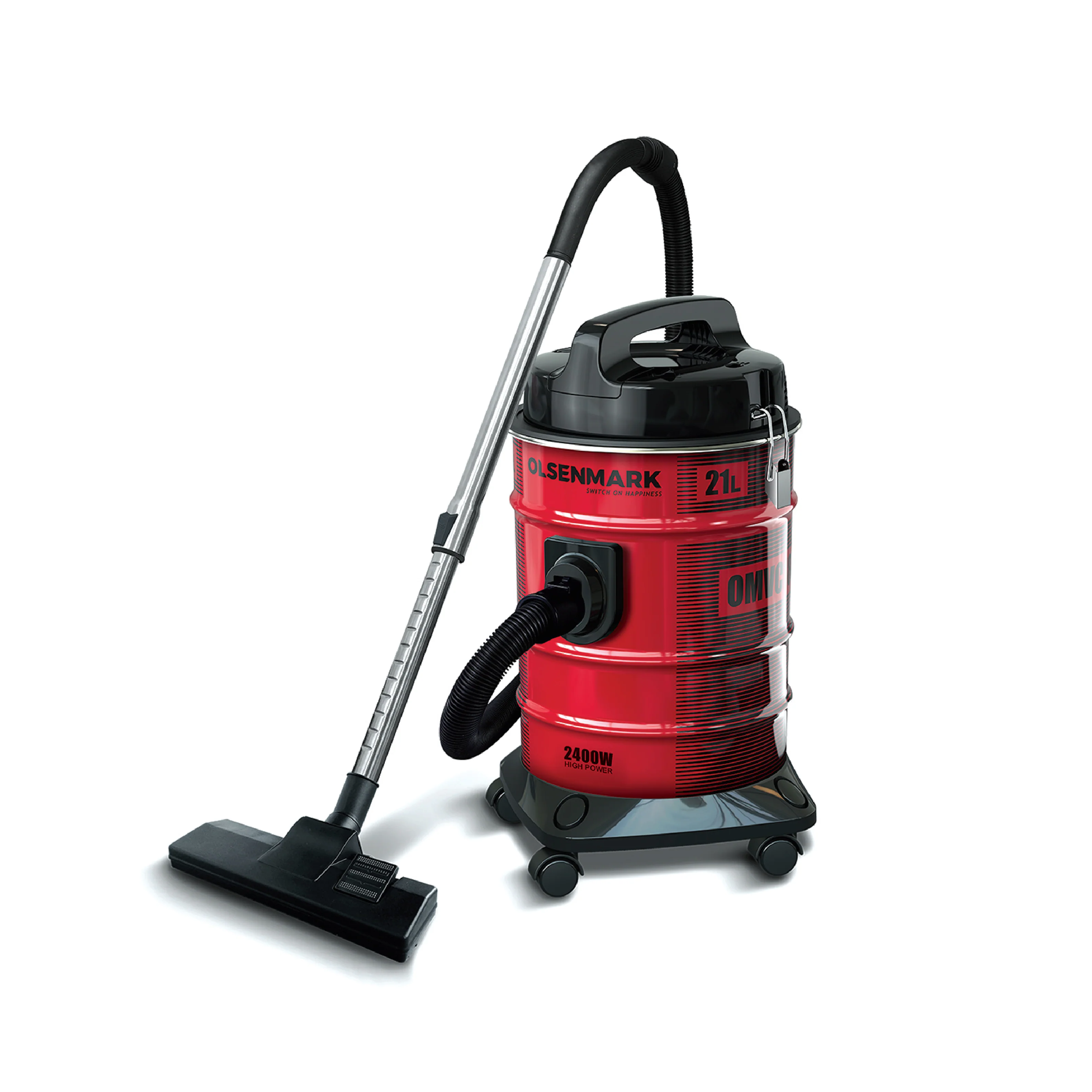 Olsenmark OMVC1847 2400W vacuum cleaner with 21L capacity| durable anti-rust metal body & strong suction| blower function, smooth omni wheels, for home and workshops|