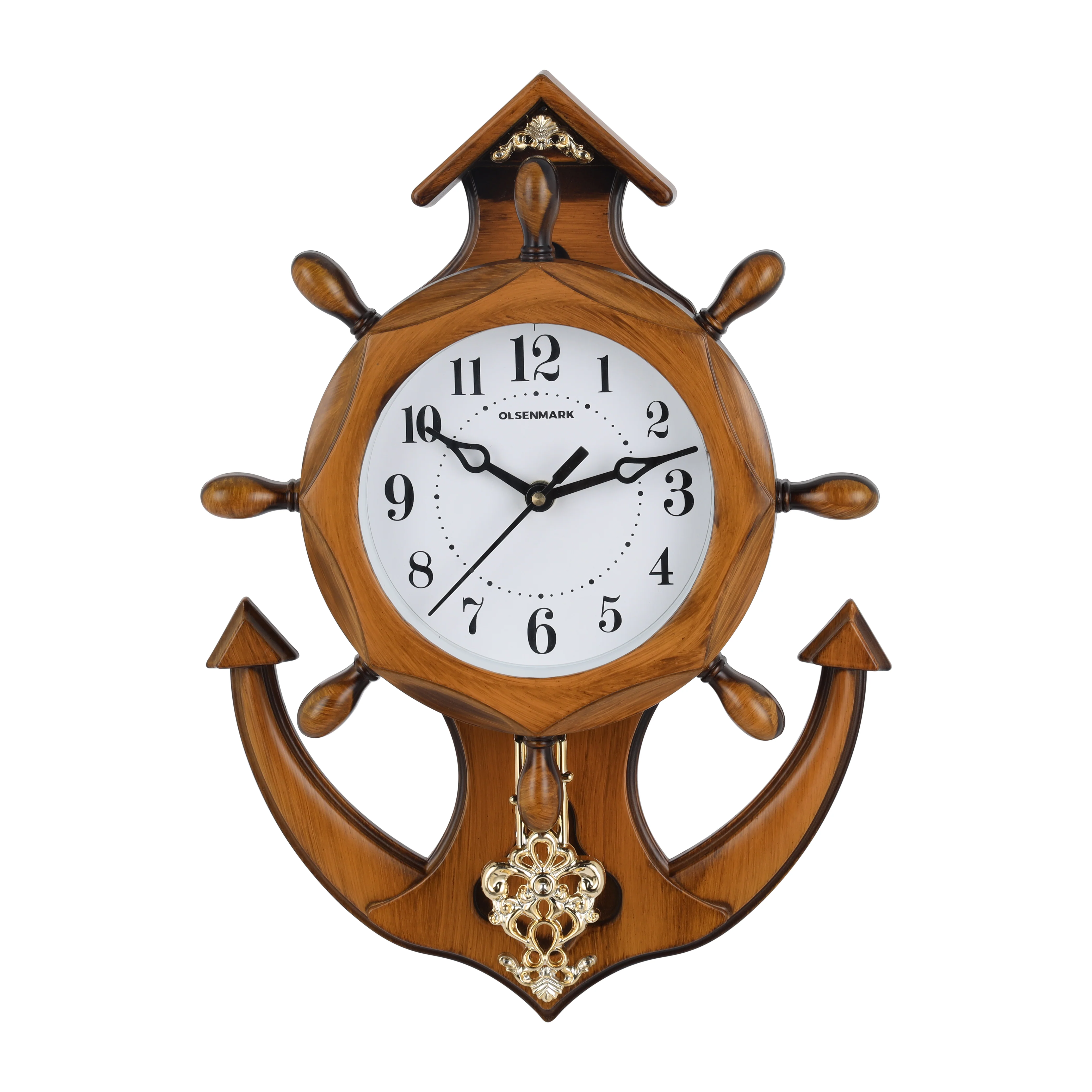 Olsenmark OMWC1929 Wooden Anchor Wall Clock | Silent Quartz Wall Clock with Modern Nautical Design| Clear Dial Display & Battery Operated, for Home and Office Décor|