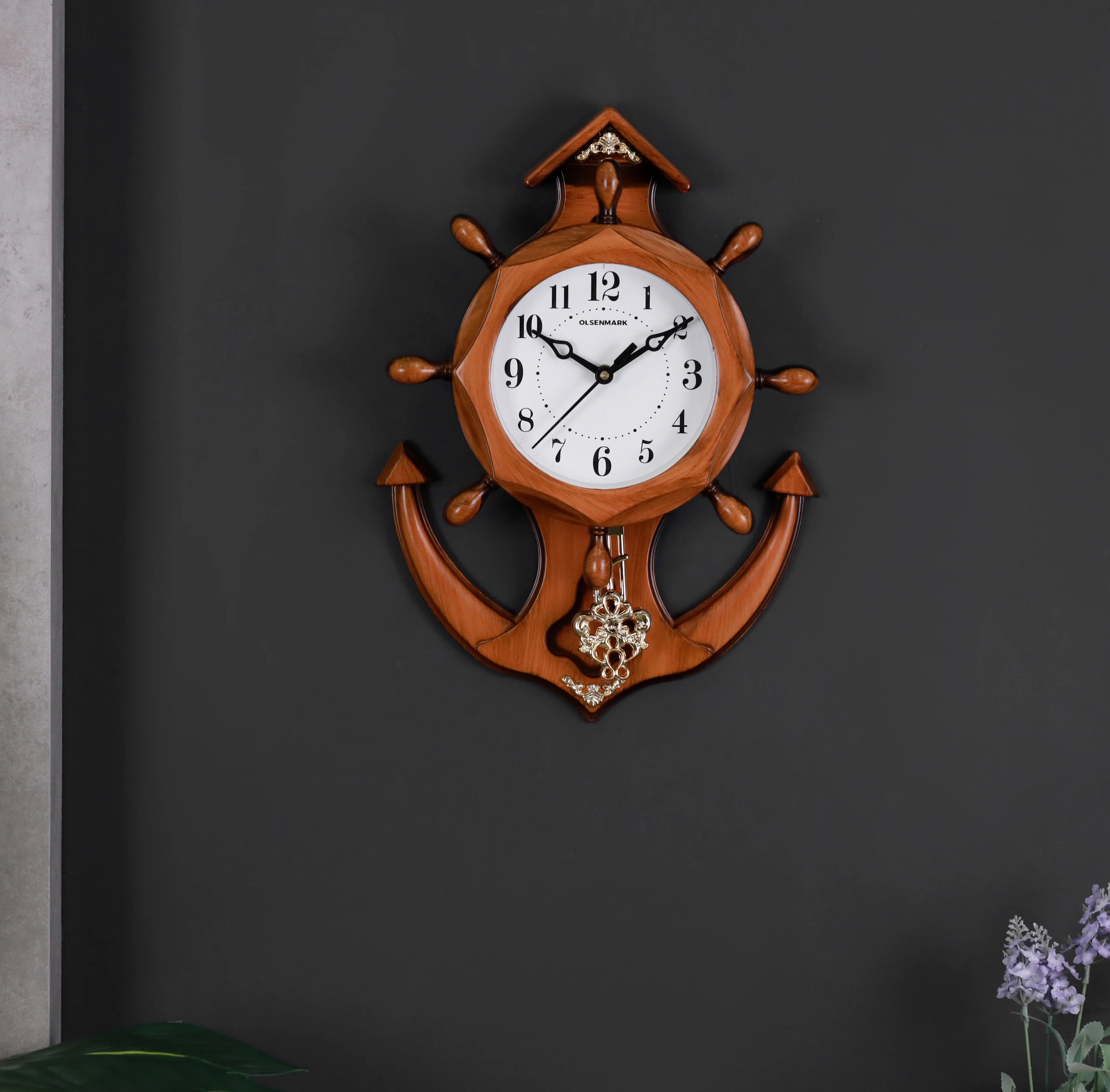 Olsenmark OMWC1929 Wooden Anchor Wall Clock | Silent Quartz Wall Clock with Modern Nautical Design| Clear Dial Display & Battery Operated, for Home and Office Décor| - Image 2