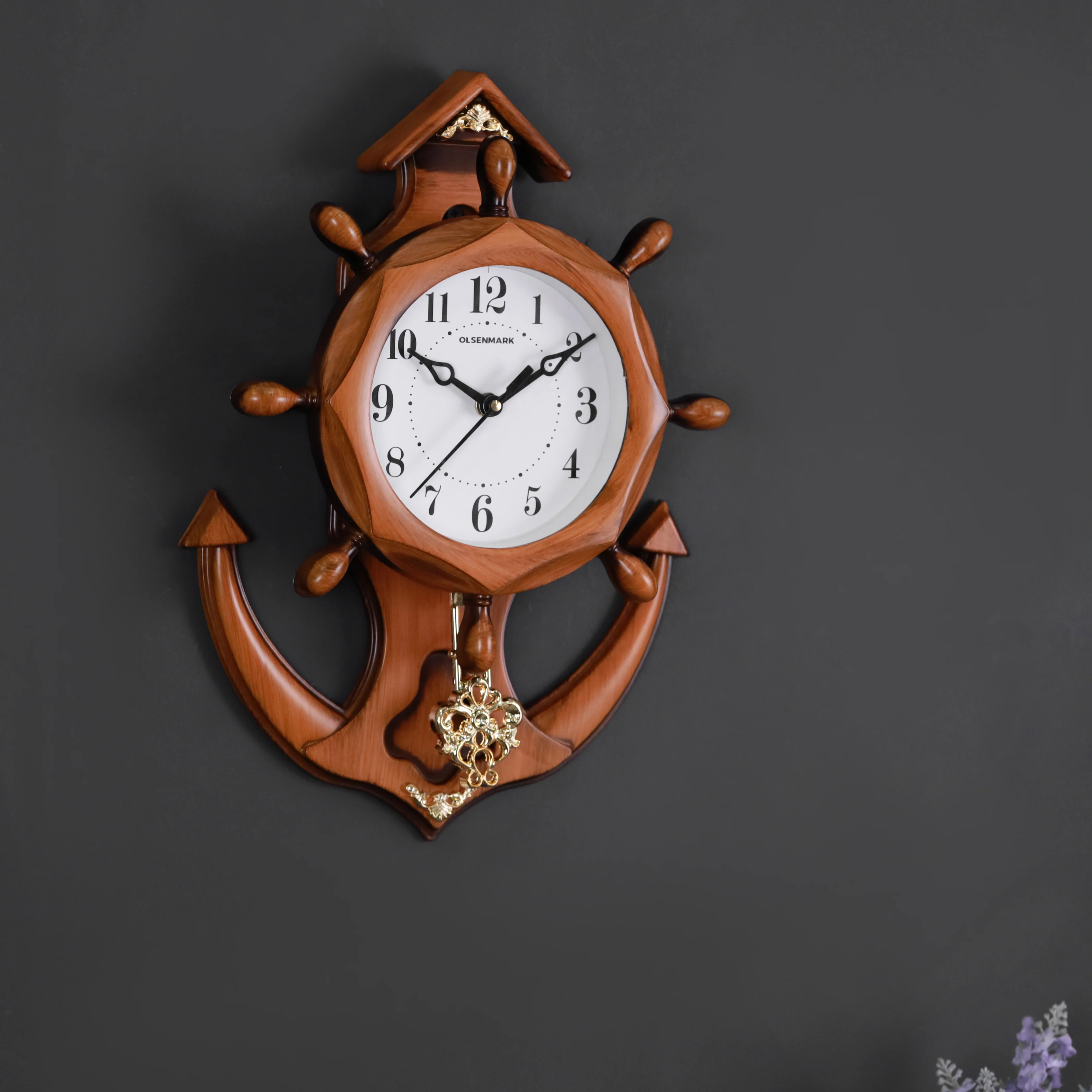 Olsenmark OMWC1929 Wooden Anchor Wall Clock | Silent Quartz Wall Clock with Modern Nautical Design| Clear Dial Display & Battery Operated, for Home and Office Décor| - Image 3
