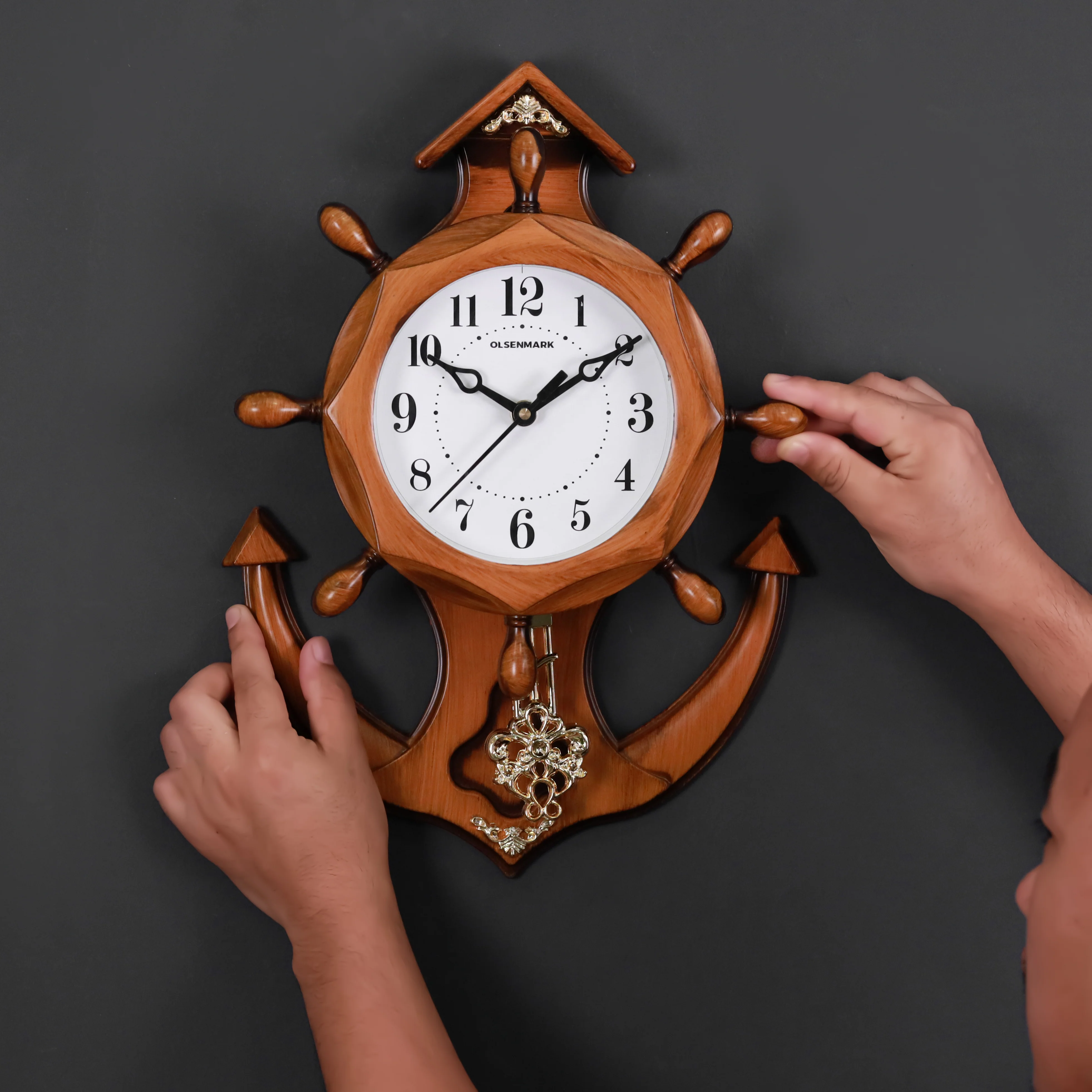 Olsenmark OMWC1929 Wooden Anchor Wall Clock | Silent Quartz Wall Clock with Modern Nautical Design| Clear Dial Display & Battery Operated, for Home and Office Décor| - Image 4