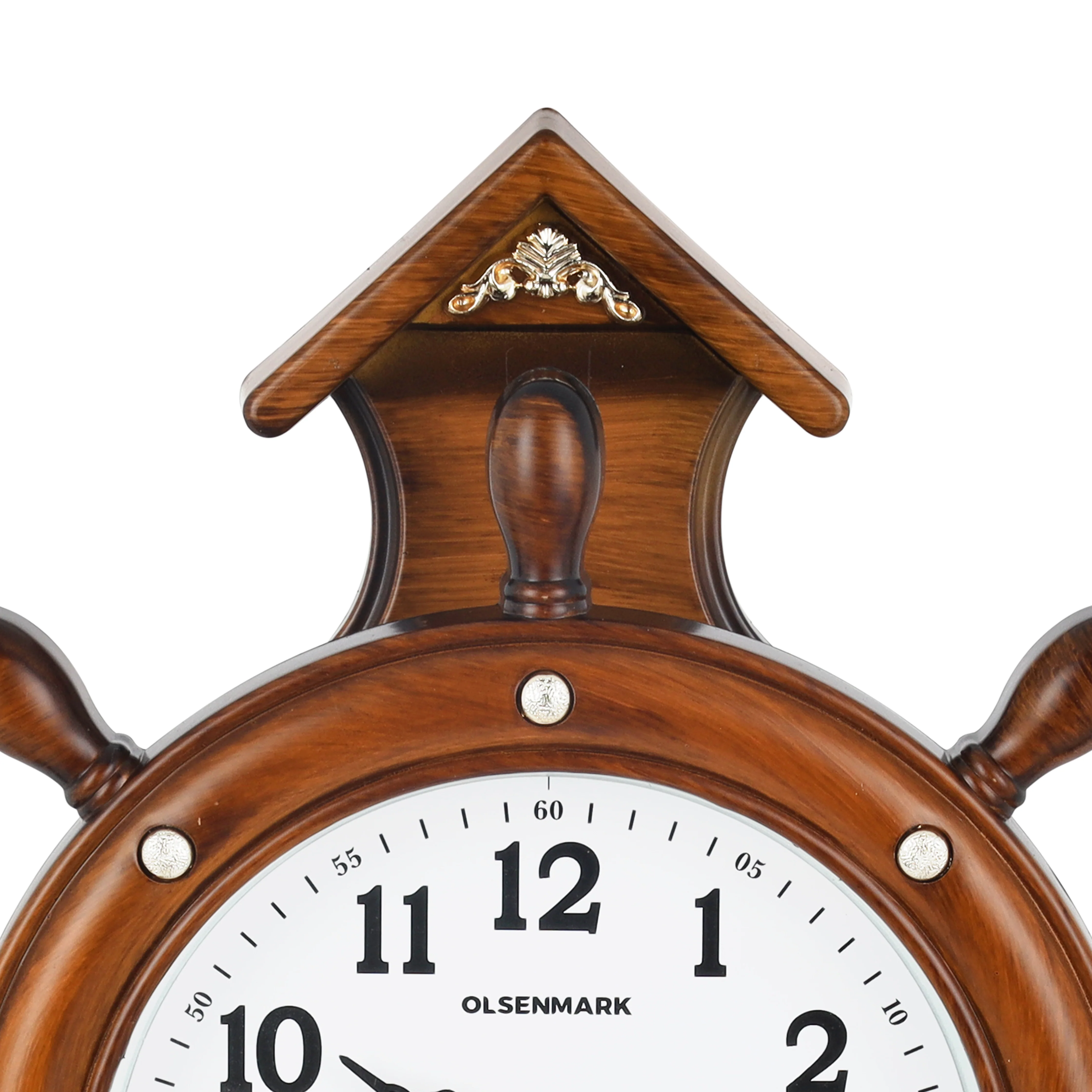 Olsenmark OMWC1930 Anchor Wall Clock | nautical ship-wheel design with silent sweep quartz movement| elegant wooden finish body& large easy-to-read numerals, for décor| - Image 2