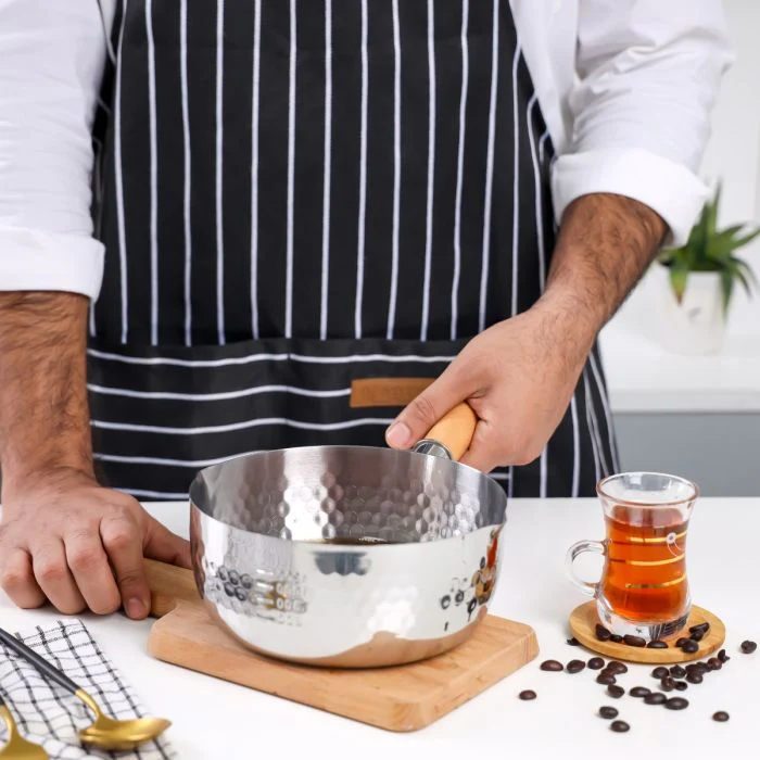 Royalford 16 CM Stainless Steel Snow Pot- RF12259| Stylish Design with Hammered Mesh Pattern and Wooden Handle| Saucepan Perfect for Making Sauces, Reducing, Browning, Sauting, Etc., Induction Compatible | Silver - Image 3