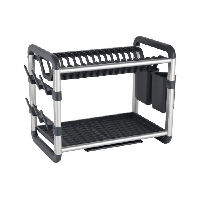Royalford 2 layer Aluminum Dish Rack- RF12178/ Organizer for Kitchen to Keep 16 Plates, Bowls, Glasses, Cups, Cutlery/ Drying Stand with a Drain Tray, Compact and Stylish Design/ Rust-Proof and Hassle-Free Finish/ Black and Silver - Image 3