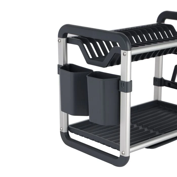 Royalford 2 layer Aluminum Dish Rack- RF12178/ Organizer for Kitchen to Keep 16 Plates, Bowls, Glasses, Cups, Cutlery/ Drying Stand with a Drain Tray, Compact and Stylish Design/ Rust-Proof and Hassle-Free Finish/ Black and Silver - Image 4