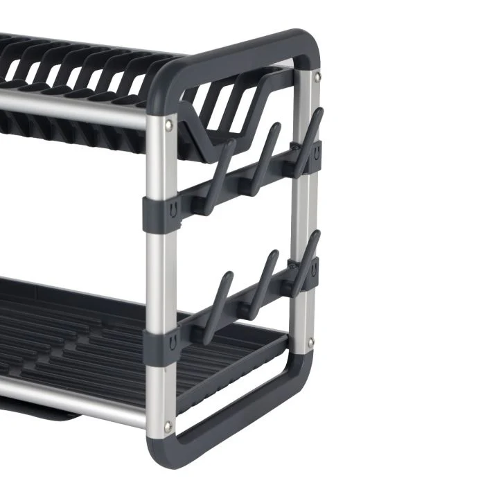 Royalford 2 layer Aluminum Dish Rack- RF12178/ Organizer for Kitchen to Keep 16 Plates, Bowls, Glasses, Cups, Cutlery/ Drying Stand with a Drain Tray, Compact and Stylish Design/ Rust-Proof and Hassle-Free Finish/ Black and Silver - Image 5