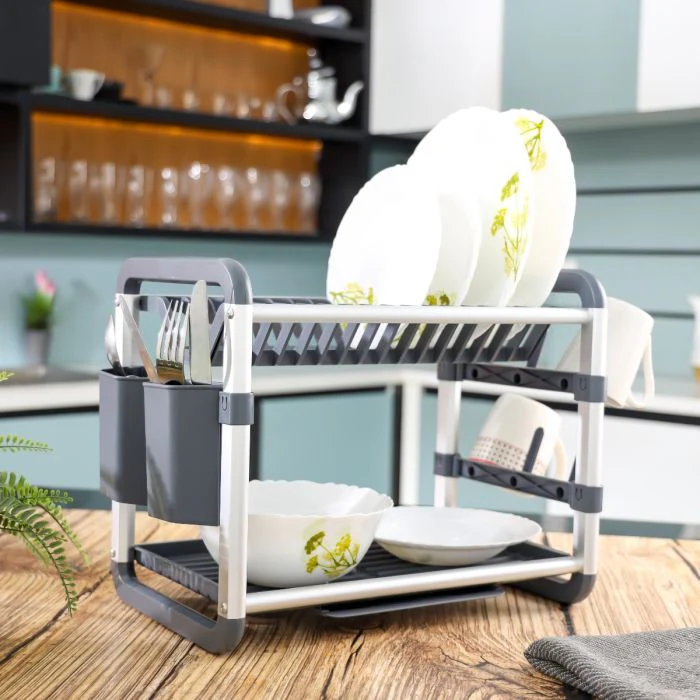 Royalford 2 layer Aluminum Dish Rack- RF12178/ Organizer for Kitchen to Keep 16 Plates, Bowls, Glasses, Cups, Cutlery/ Drying Stand with a Drain Tray, Compact and Stylish Design/ Rust-Proof and Hassle-Free Finish/ Black and Silver - Image 6