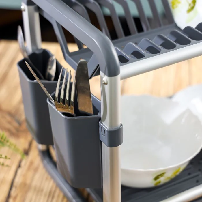 Royalford 2 layer Aluminum Dish Rack- RF12178/ Organizer for Kitchen to Keep 16 Plates, Bowls, Glasses, Cups, Cutlery/ Drying Stand with a Drain Tray, Compact and Stylish Design/ Rust-Proof and Hassle-Free Finish/ Black and Silver - Image 7