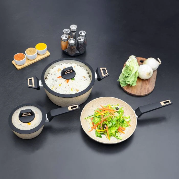 Royalford Chef Art Granite Cookware Set- RF11960| 6 Piece Set, Forged Aluminum with Granite Coated Body| Induction Base, Soft Touch Handles and Tempered Glass Lid| Includes Casseroles, Sauce Pan, Fry Pan and Turner| Pink - Image 6