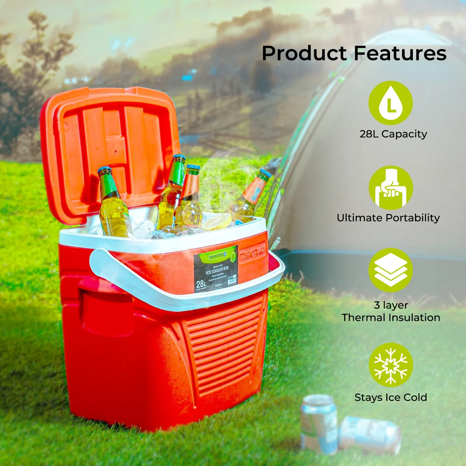 Royalford RF10481 Insulated Ice Cooler Box | 28L Capacity | Advanced 3-Layer Thermal Insulation | Durable HDPE Shell | High-Density PU Foam & Food-Grade PP Inner Wall - Image 4