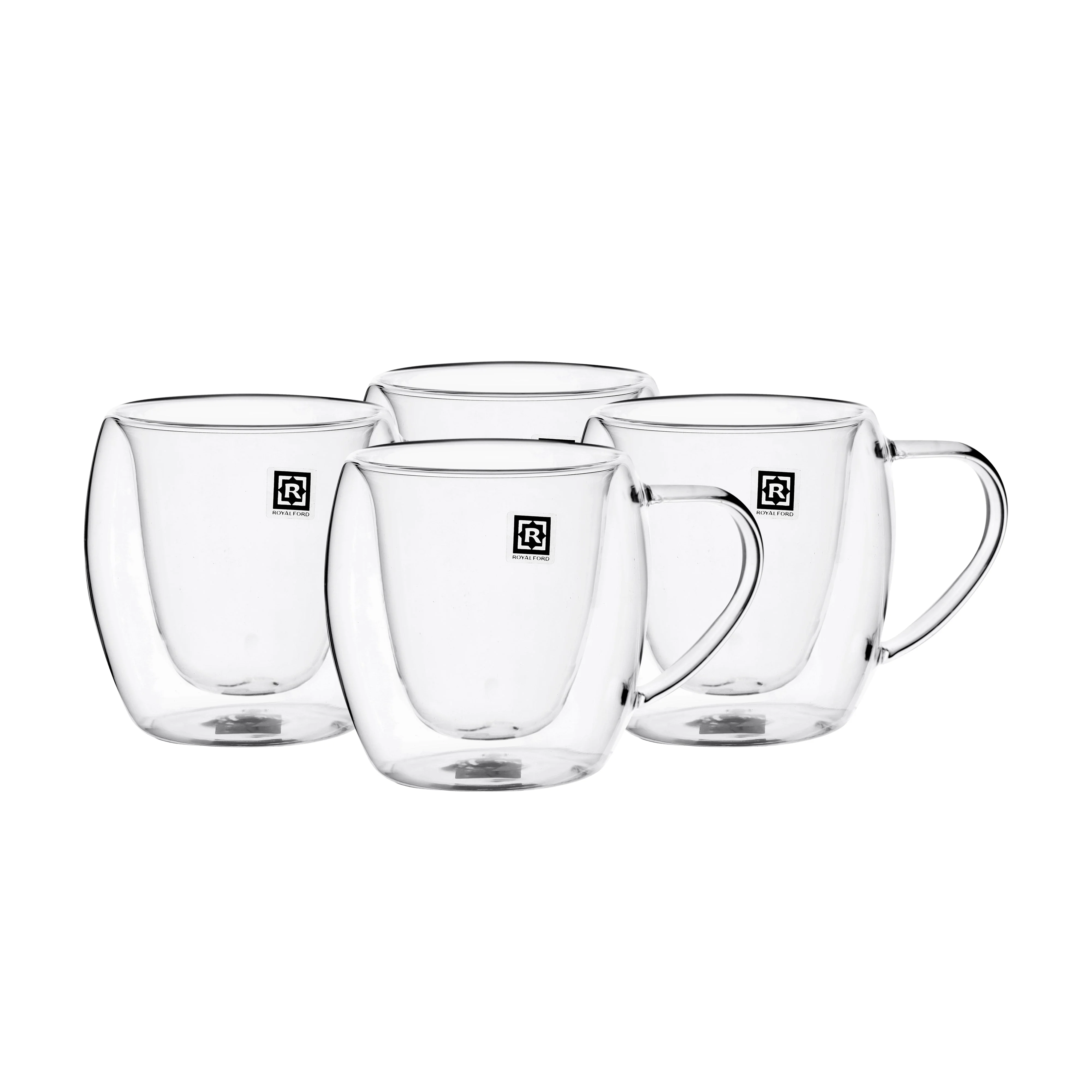 Royalford RF10570 Double Wall Borosilicate Glass Mug Set | 4-Piece Heat-Resistant Tea & Coffee Glass Cups | 80ml Crystal Clear Insulated Mugs for Hot & Cold Beverages