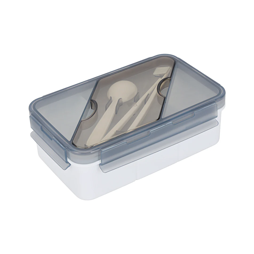 Royalford RF12192 Rectangular Lunch Box 1100ML| 2 compartments & leak-proof 4-side lock lid| BPA-free PPE material, freezer safe design & cutlery for convenient meals|