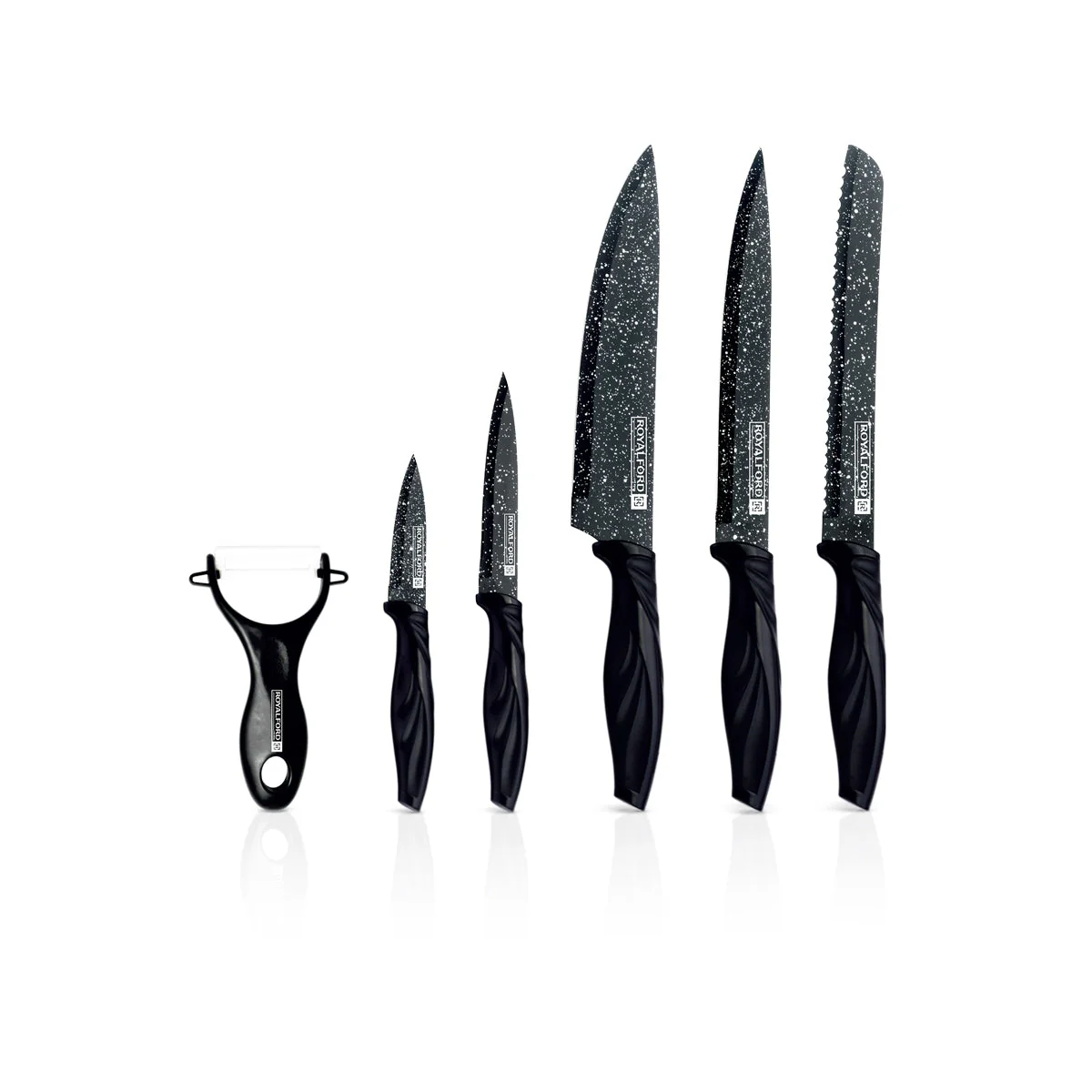 Royalford RF12580 EasyCut 6PC Kitchen Knife Set | Granite Coated Stainless Steel Blades | Ergonomic PP Handles and Ceramic Peeler | Perfect for Precision Cutting