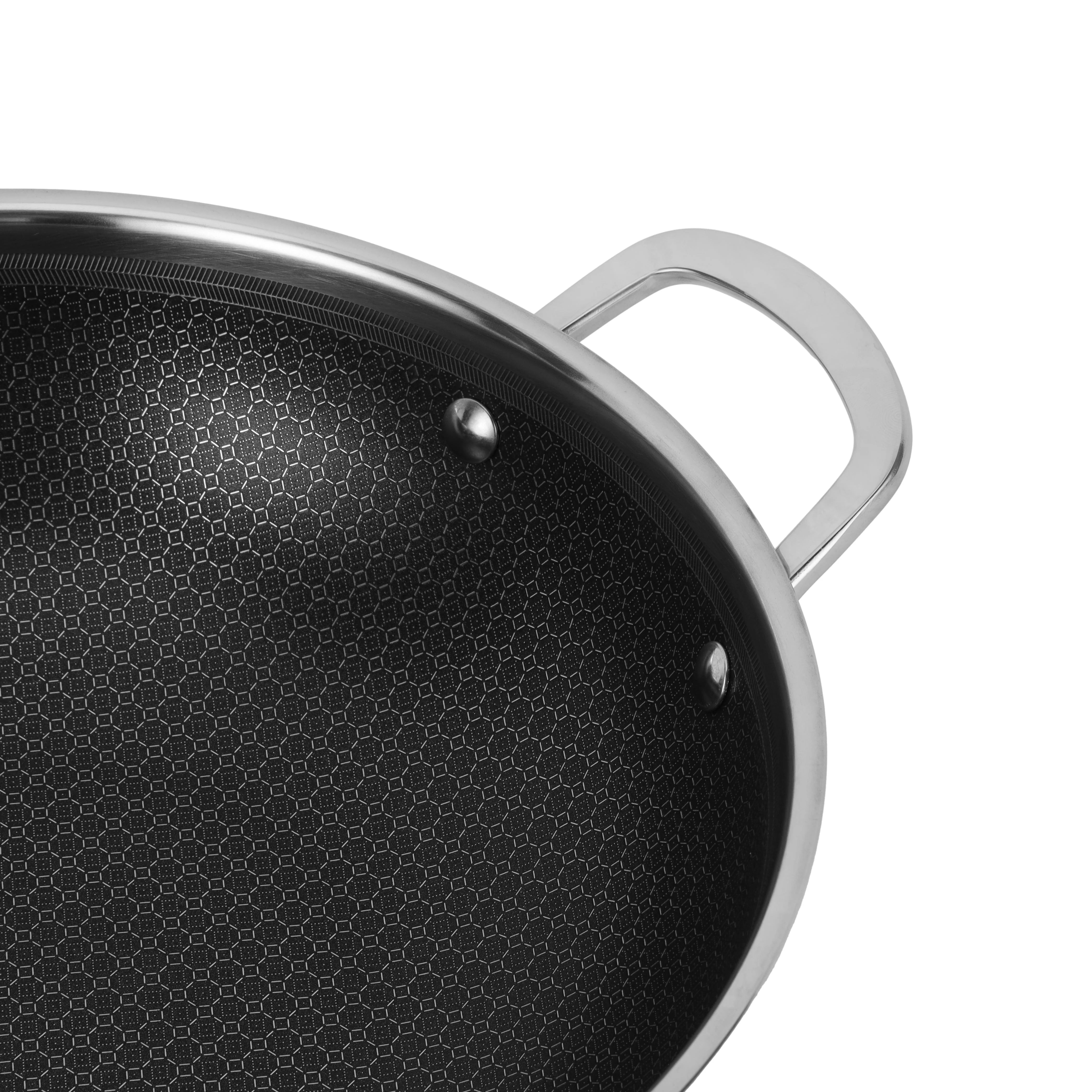 Royalford RF12642 Triply Stainless Steel Wok Pan 30cm | honeycomb non-stick interior offers fast even heating, induction compatibility, tempered glass lid and durable - Image 5