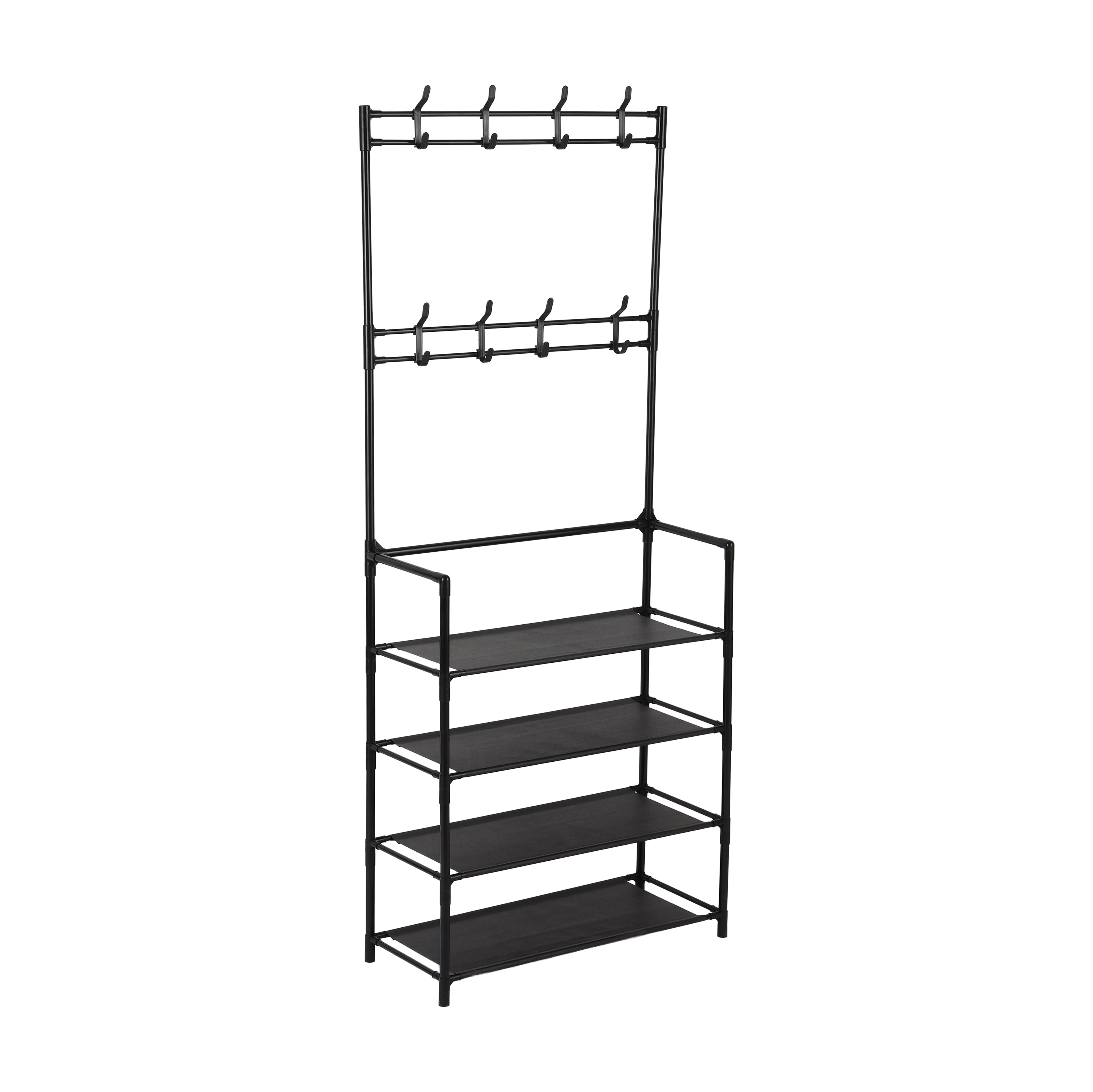 Royalford RF12781 Portable Shoe Rack | 4 Spacious Shelves & 8 Hooks | Floor Standing Multipurpose Organizer | Durable Iron Frame with PP Connectors | Easy To Assembly - Image 2
