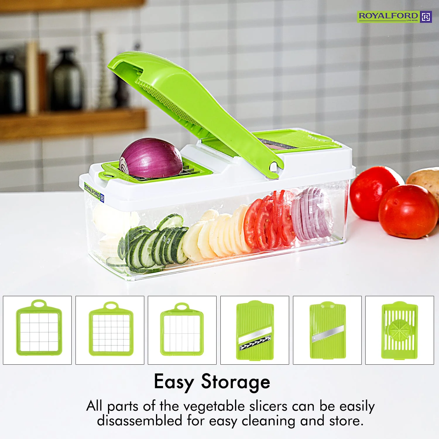 Royalford RF7768 11-in-1 Mandolin Chopper | Multi-Function Slicer & Dicer | Stainless Steel Blades| Heavy-Duty Container Base| Fast Vegetable Cutting | Easy To Clean - Image 5