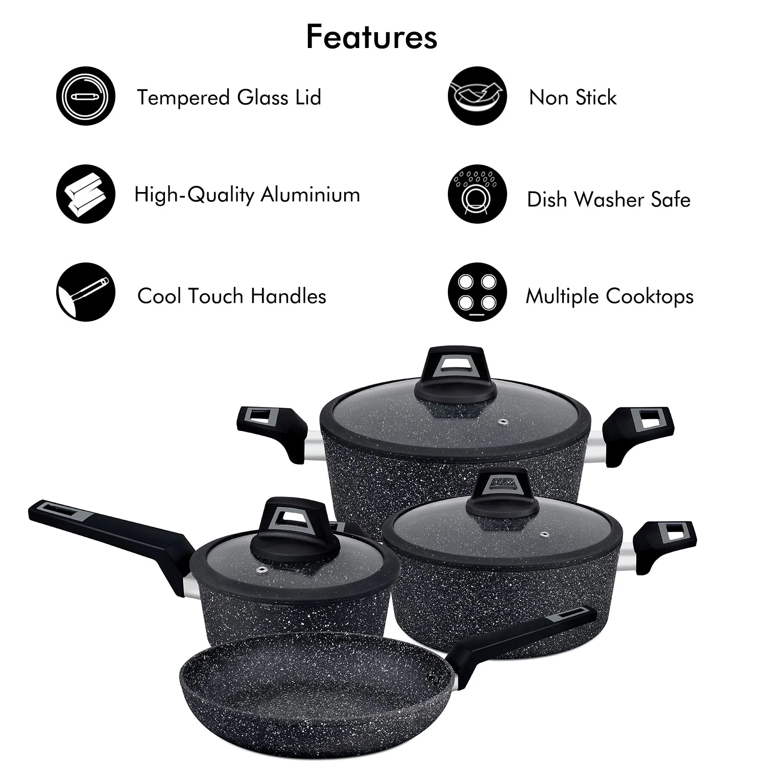 Royalford RF9557 7PCS Black ChefArt Aluminium Cookware Set | Induction Base | 2.5MM Body Thickness | Tempered Glass Lids and Soft Touch Handles for All Cooktops - Image 4