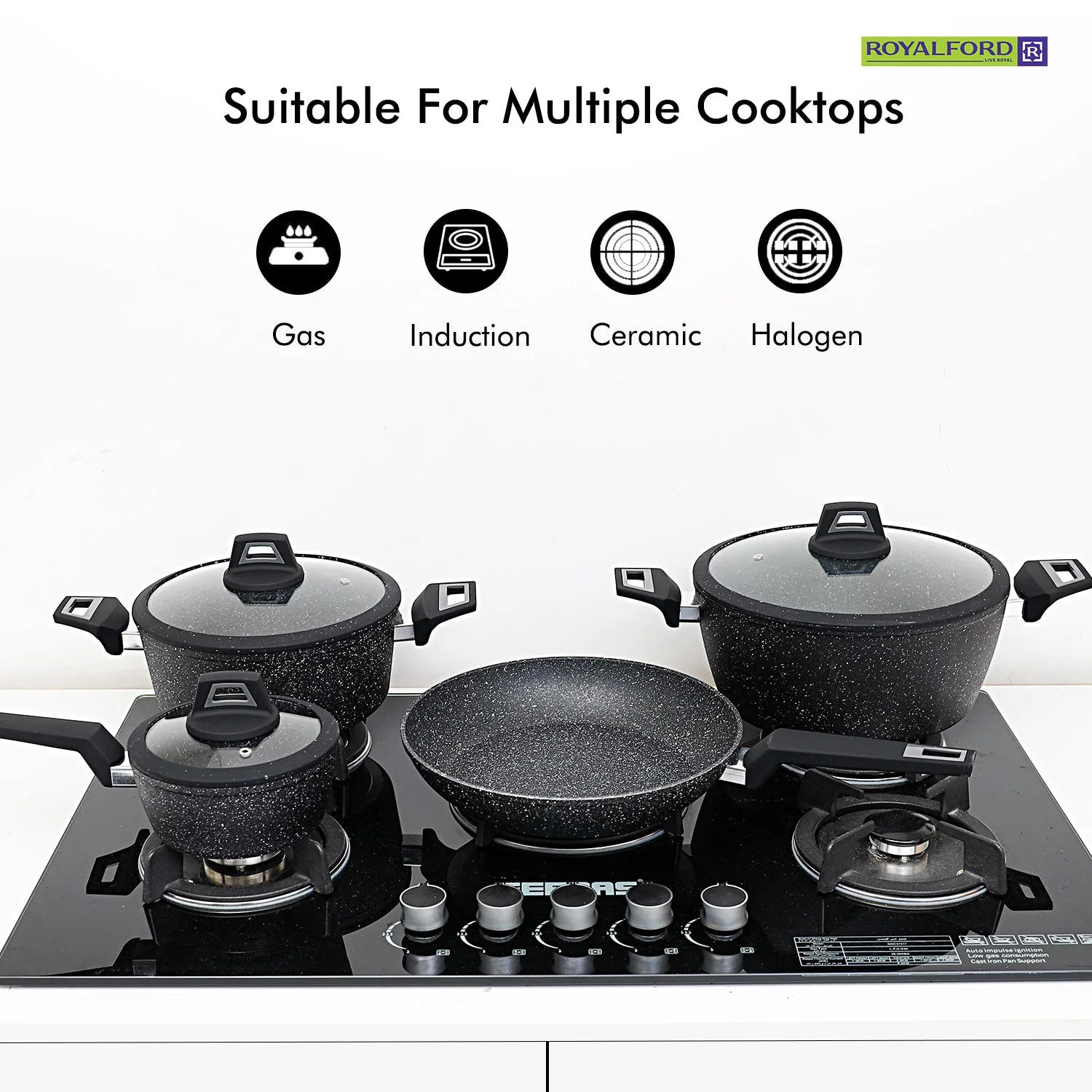 Royalford RF9557 7PCS Black ChefArt Aluminium Cookware Set | Induction Base | 2.5MM Body Thickness | Tempered Glass Lids and Soft Touch Handles for All Cooktops - Image 5