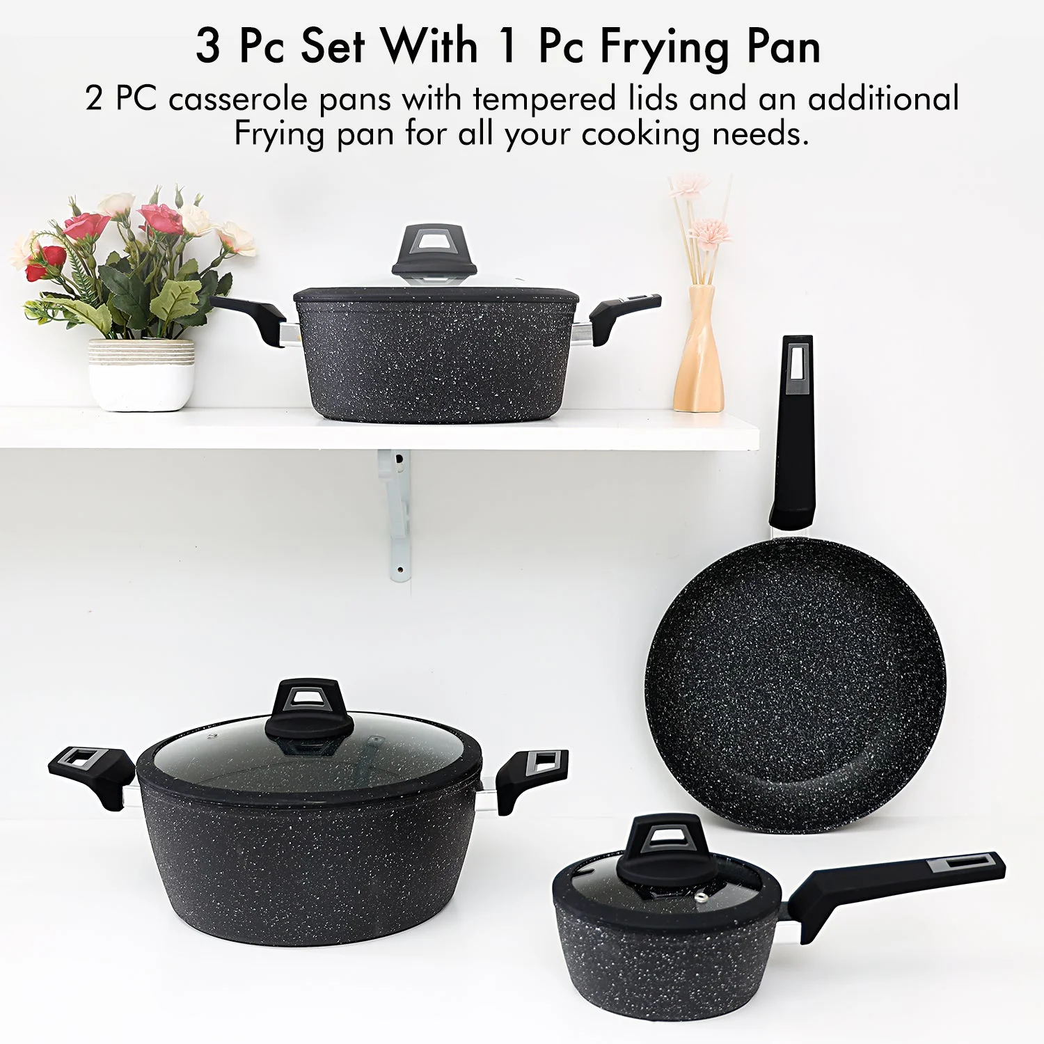 Royalford RF9557 7PCS Black ChefArt Aluminium Cookware Set | Induction Base | 2.5MM Body Thickness | Tempered Glass Lids and Soft Touch Handles for All Cooktops - Image 6