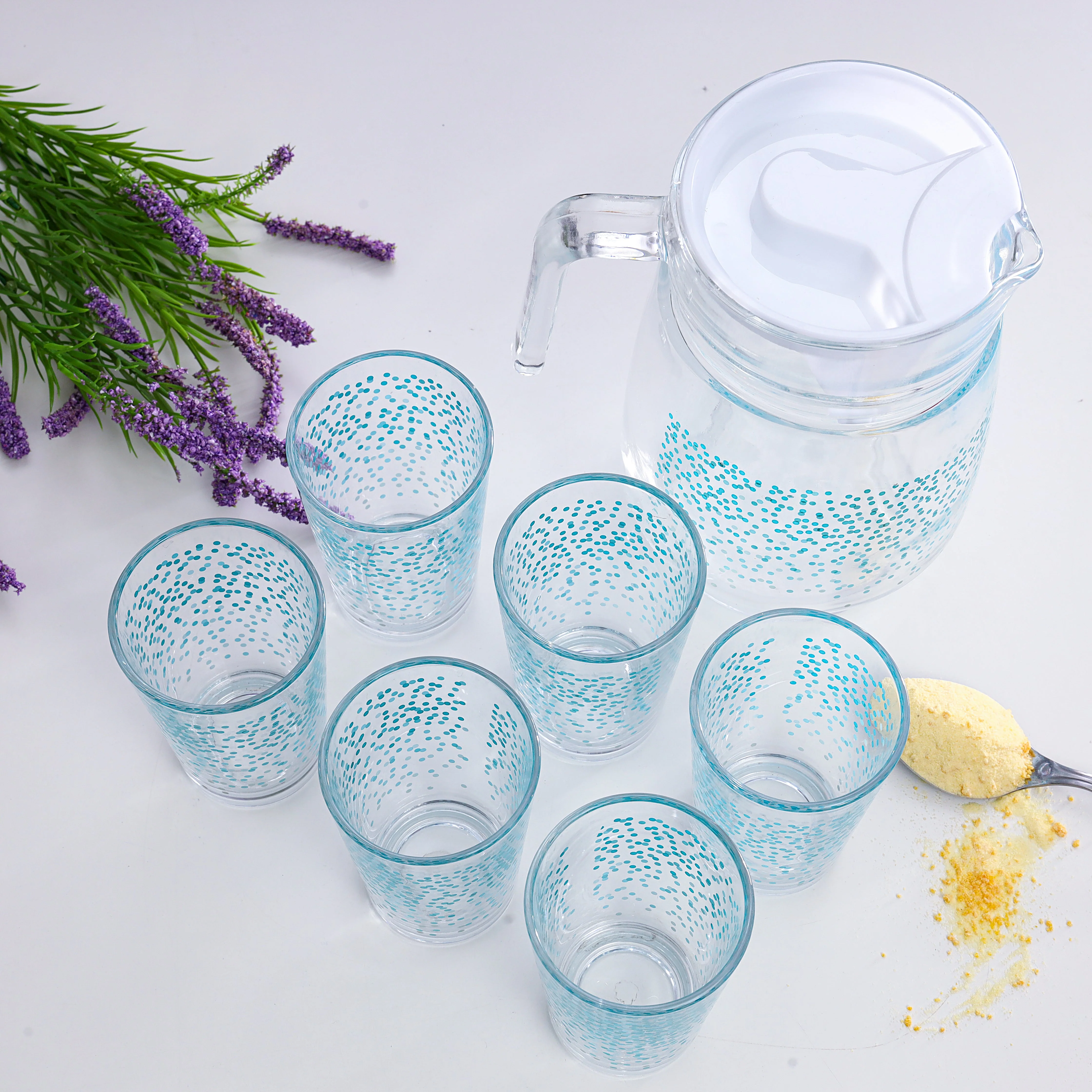 Royalford RF9830 7-Pcs Glass Water Jug & Tumbler Set | Premium-Quality Durable Glassware |1300ml Jug & 6 Printed Tumblers | Removable Lid for Hygienic Use & Easy Cleaning - Image 2